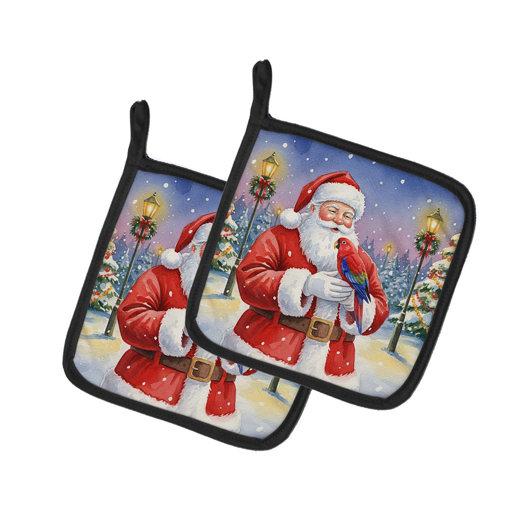Red Lory with Santa Claus Pot Holder Set of 2 Heat Resistant Quilted Hot Pads 7.5 x 7.5 Inch, Insulated Kitchen Trivets for Cooking & Baking