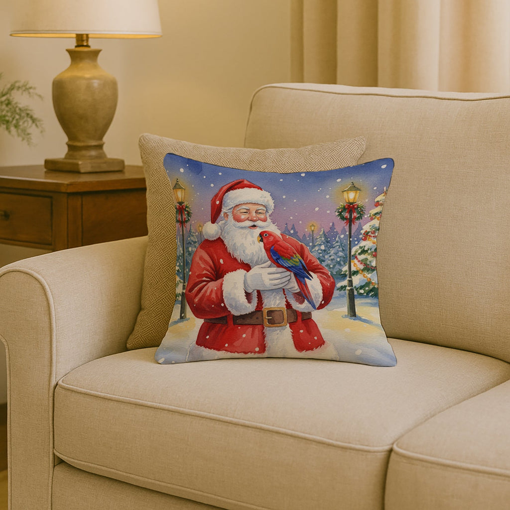 Red Lory with Santa Claus Decorative Throw Pillow 18x18 Indoor Outdoor Accent Cushion, Fabric Cover with Insert for Sofa, Bed, Porch & Living Room