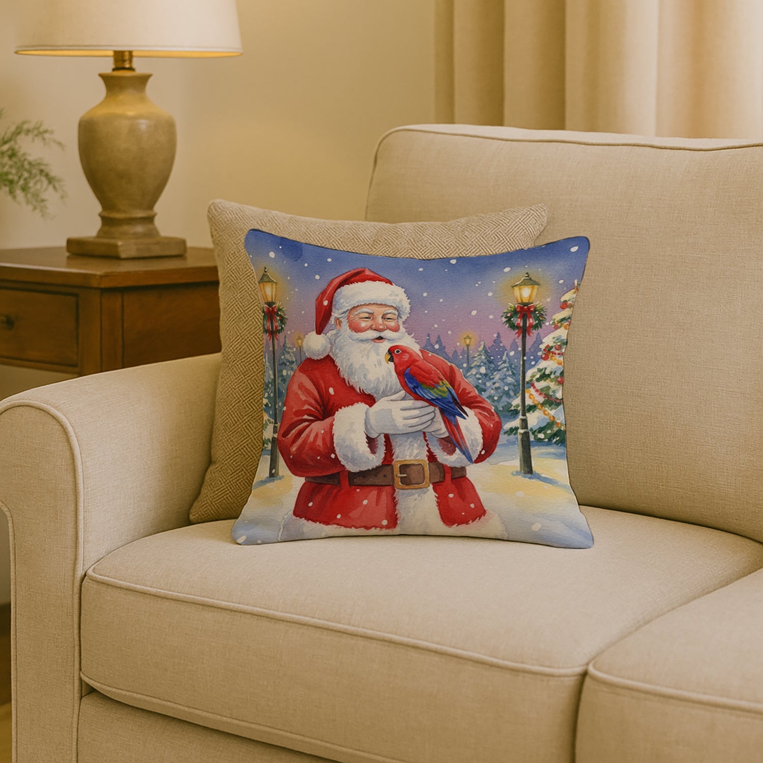 Red Lory with Santa Claus Decorative Throw Pillow 18x18 Indoor Outdoor Accent Cushion, Fabric Cover with Insert for Sofa, Bed, Porch & Living Room
