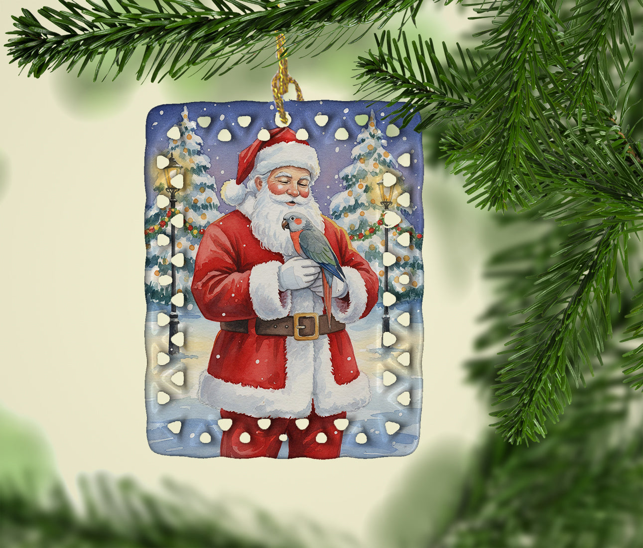 Red Bellied Parrot with Santa Claus Porcelain Ornament Christmas Tree Hanging Decorations for Home Christmas Holiday, Rectangle, Gift, Multicolor