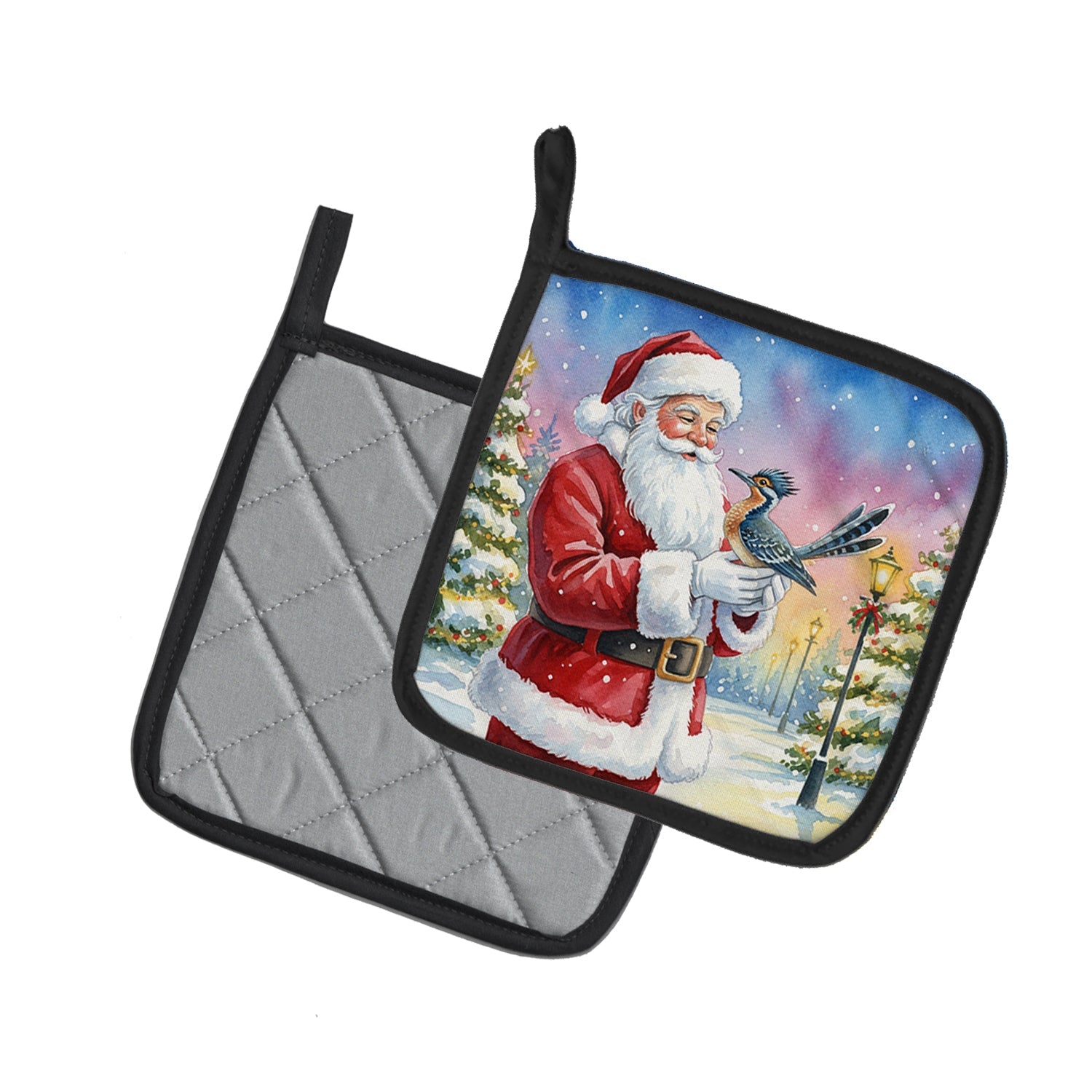 Roadrunner with Santa Claus Pot Holder Set of 2 Heat Resistant Quilted Hot Pads 7.5 x 7.5 Inch, Insulated Kitchen Trivets for Cooking & Baking
