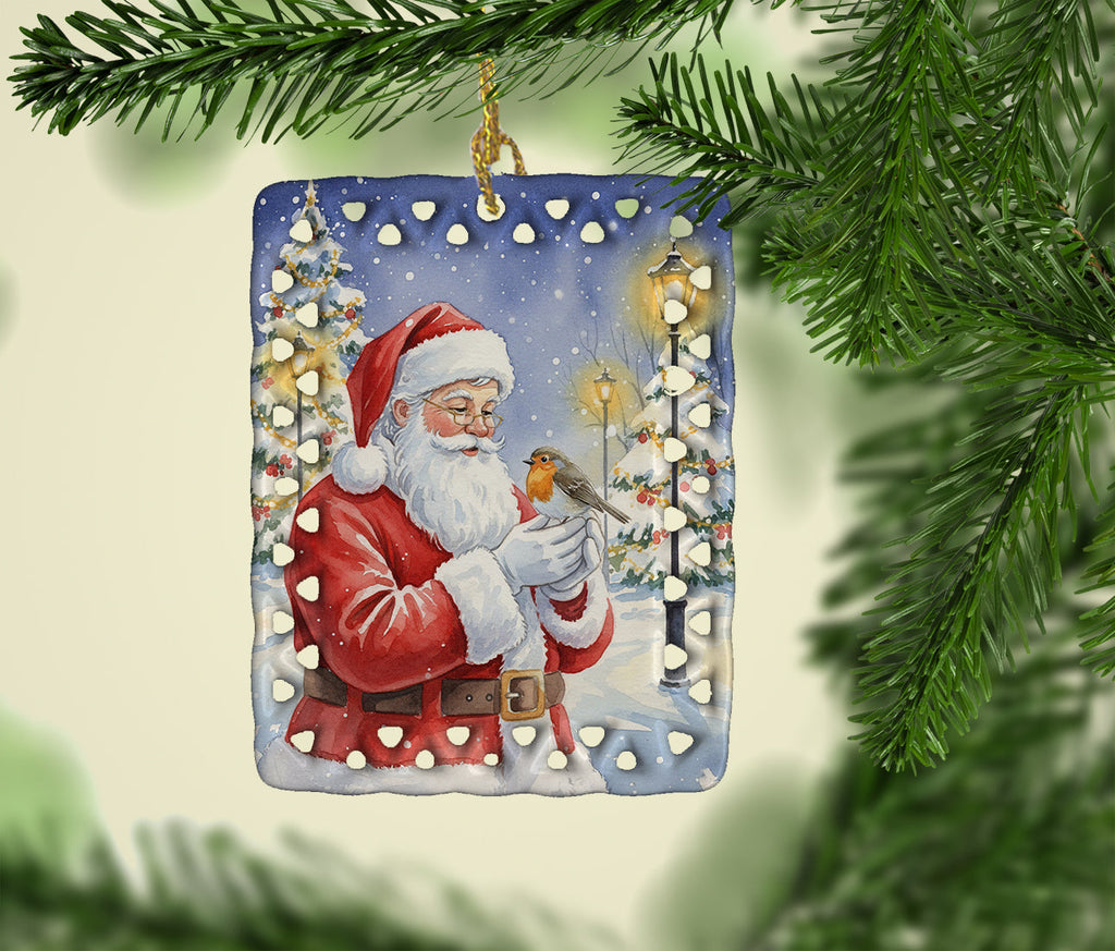 Robin with Santa Claus Porcelain Ornament Christmas Tree Hanging Decorations for Home Christmas Holiday, Rectangle, Gift, Multicolor