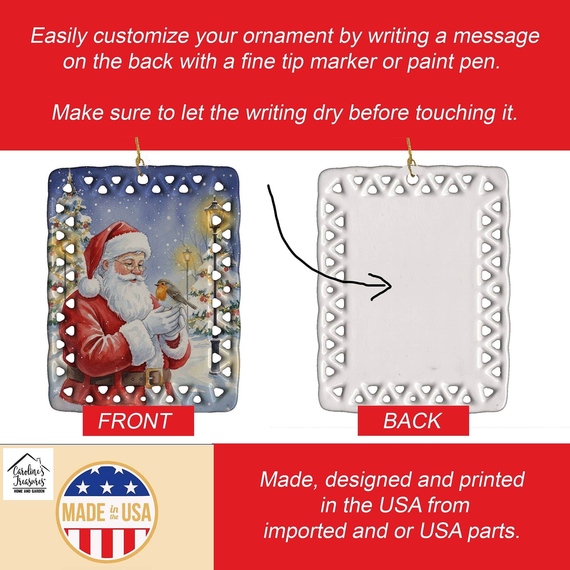 Robin with Santa Claus Porcelain Ornament Christmas Tree Hanging Decorations for Home Christmas Holiday, Rectangle, Gift, Multicolor
