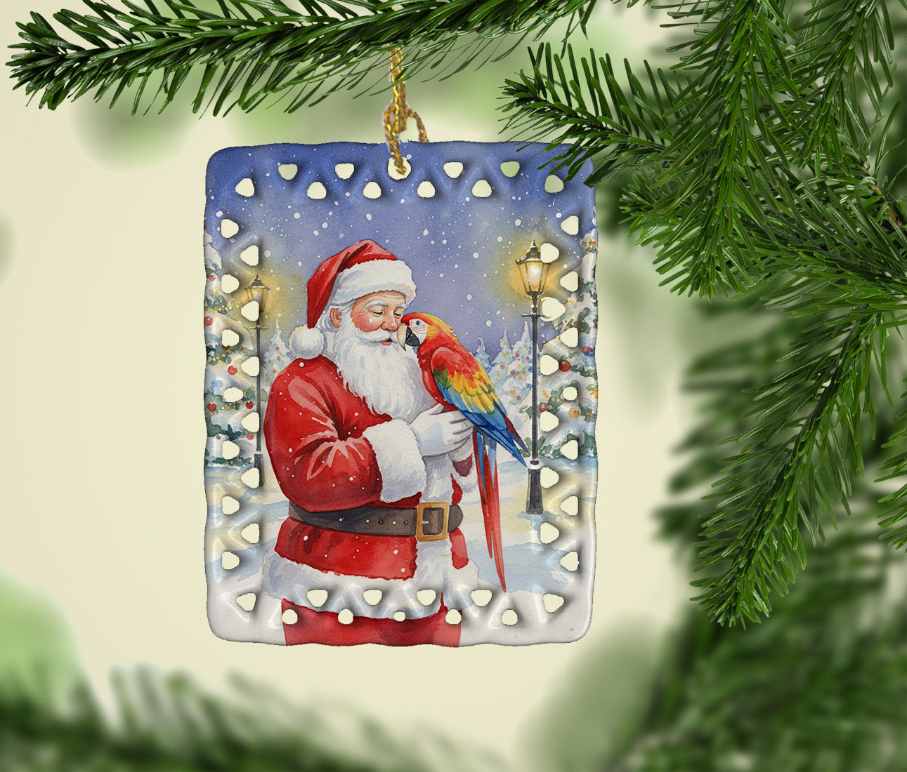 Scarlet Macaw with Santa Claus Porcelain Ornament Christmas Tree Hanging Decorations for Home Christmas Holiday, Rectangle, Gift, Multicolor