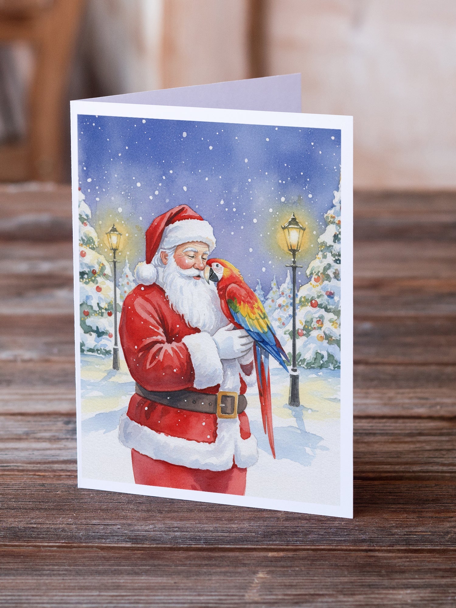 Scarlet Macaw with Santa Claus Greeting Cards Pack of 8 Blank Cards with Envelopes Whimsical A7 Size 5x7