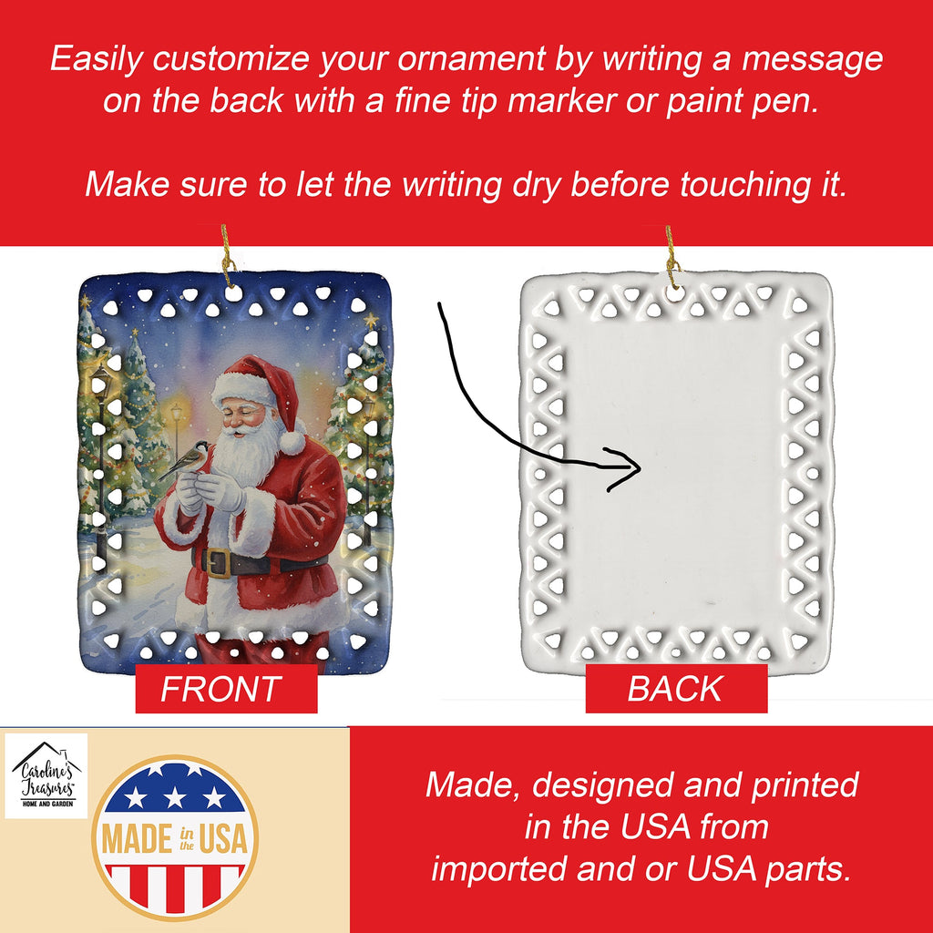 Society Finch with Santa Claus Porcelain Ornament Christmas Tree Hanging Decorations for Home Christmas Holiday, Rectangle, Gift, Multicolor