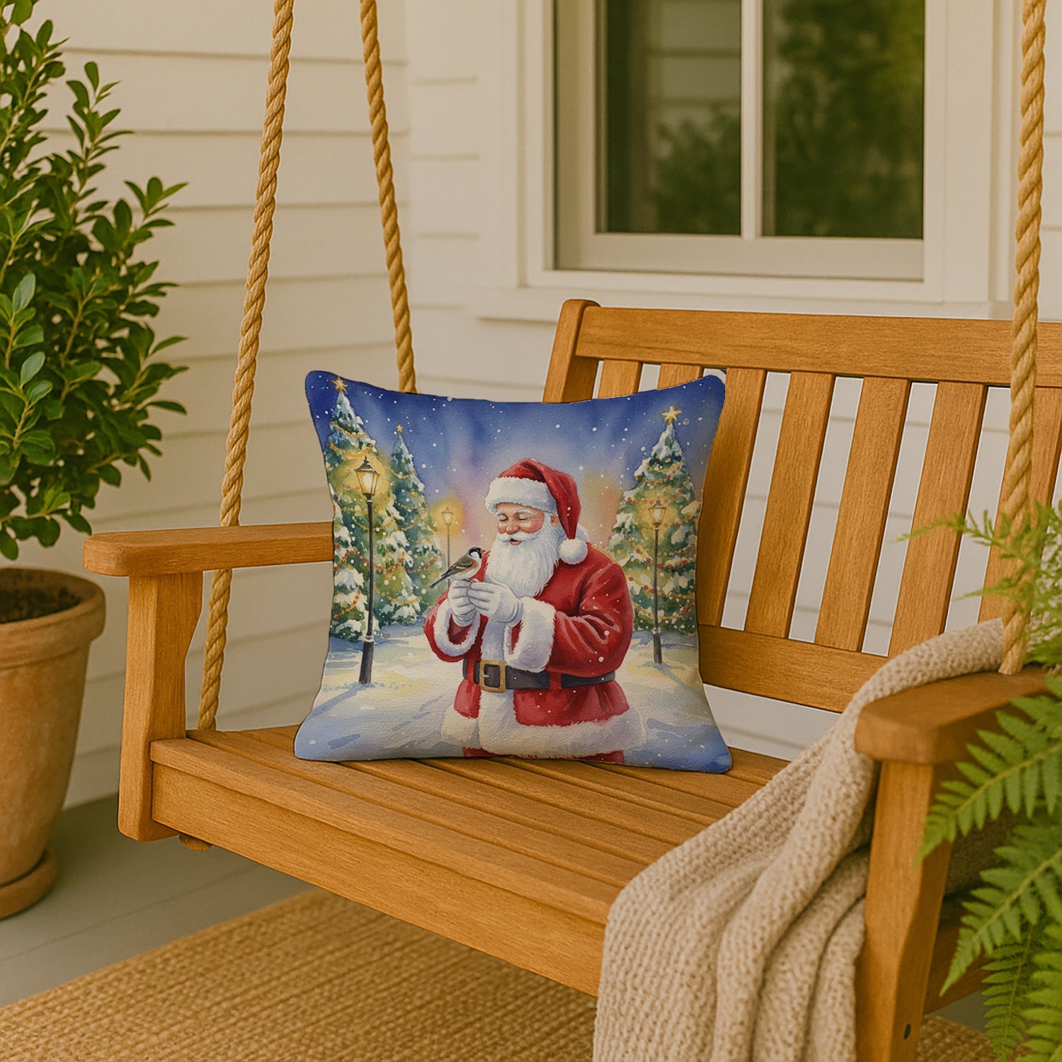 Society Finch with Santa Claus Decorative Throw Pillow 18x18 Indoor Outdoor Accent Cushion, Fabric Cover with Insert for Sofa, Bed, Porch & Living Room