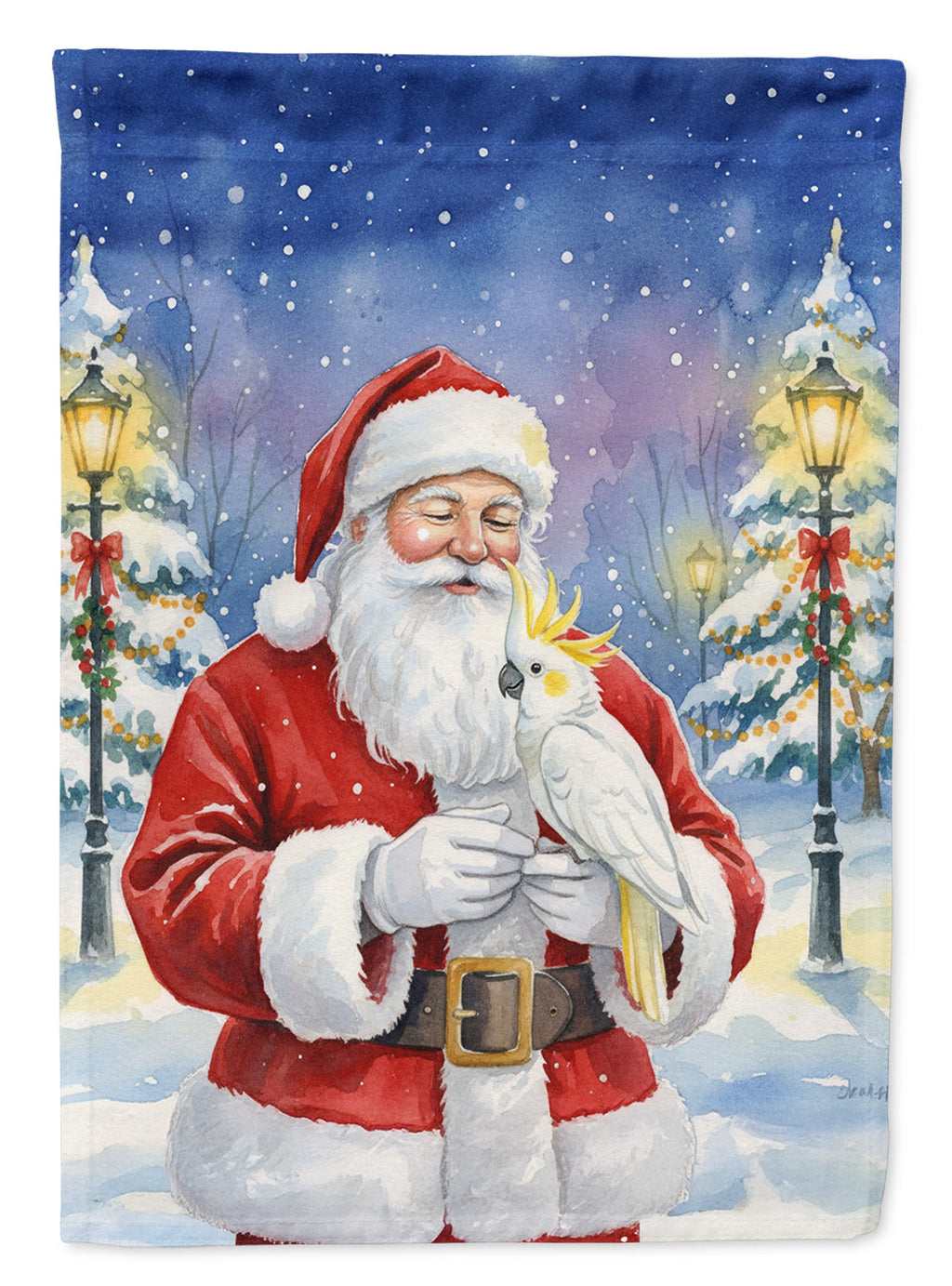 Sulphur Crested Cockatoo with Santa Claus House Flag 28x40 Porch Sleeve Pole Decorative Outside Yard Banner Artwork Wall Hanging, Polyester
