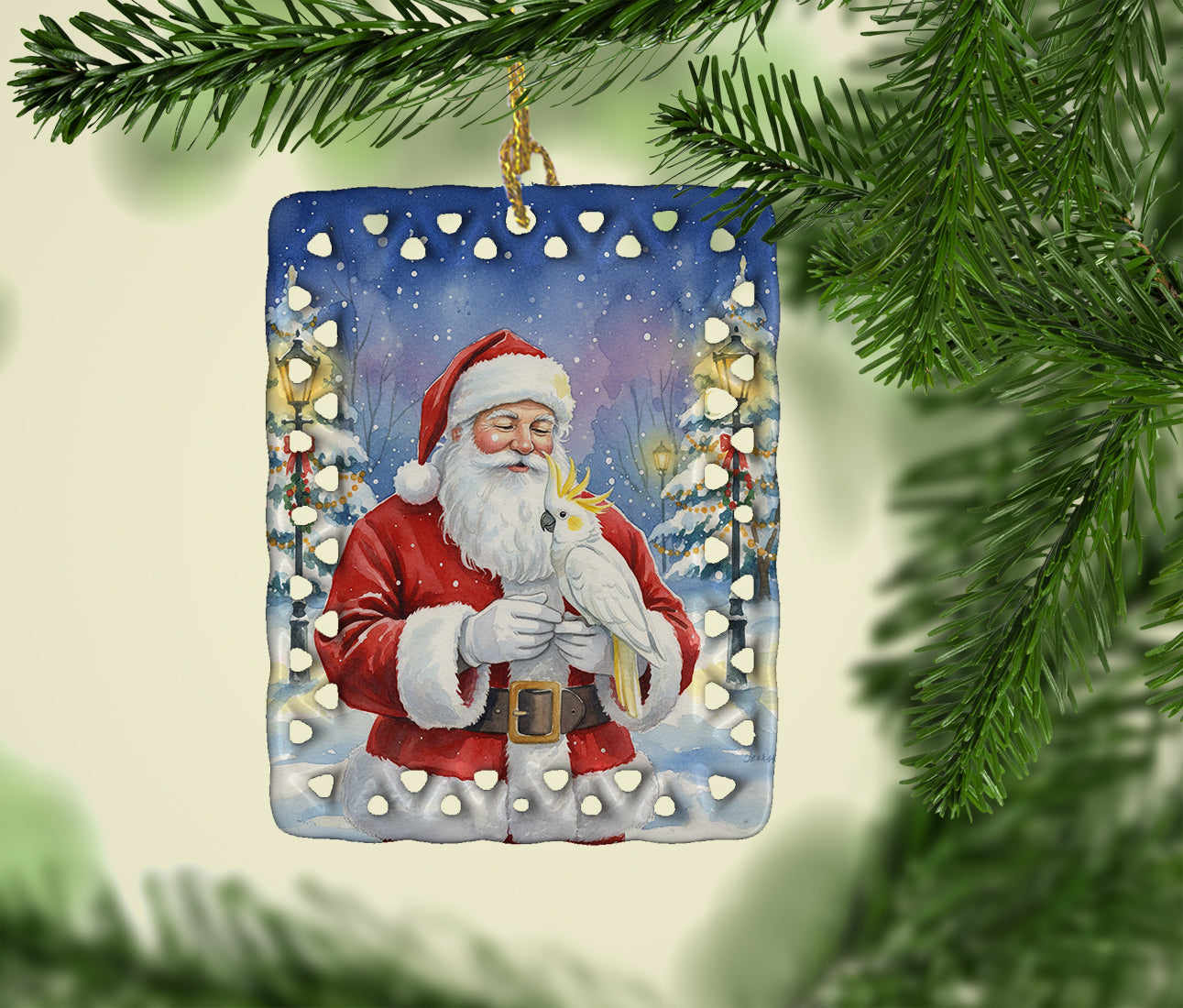 Sulphur Crested Cockatoo with Santa Claus Porcelain Ornament Christmas Tree Hanging Decorations for Home Christmas Holiday, Rectangle, Gift, Multicolor