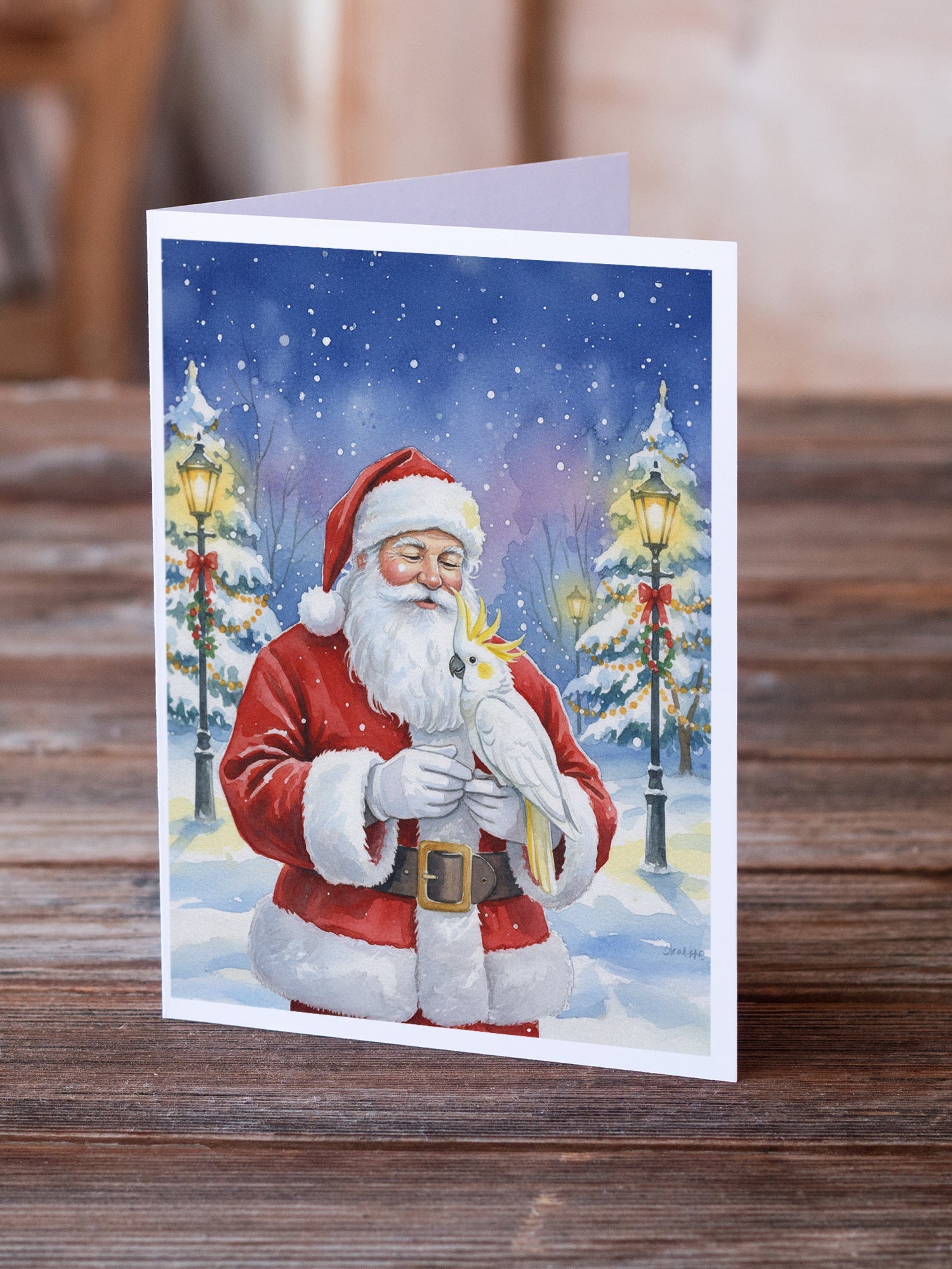 Sulphur Crested Cockatoo with Santa Claus Greeting Cards Pack of 8 Blank Cards with Envelopes Whimsical A7 Size 5x7