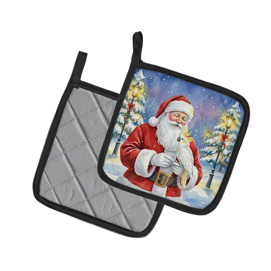 Sulphur Crested Cockatoo with Santa Claus Pot Holder Set of 2 Heat Resistant Quilted Hot Pads 7.5 x 7.5 Inch, Insulated Kitchen Trivets for Cooking & Baking