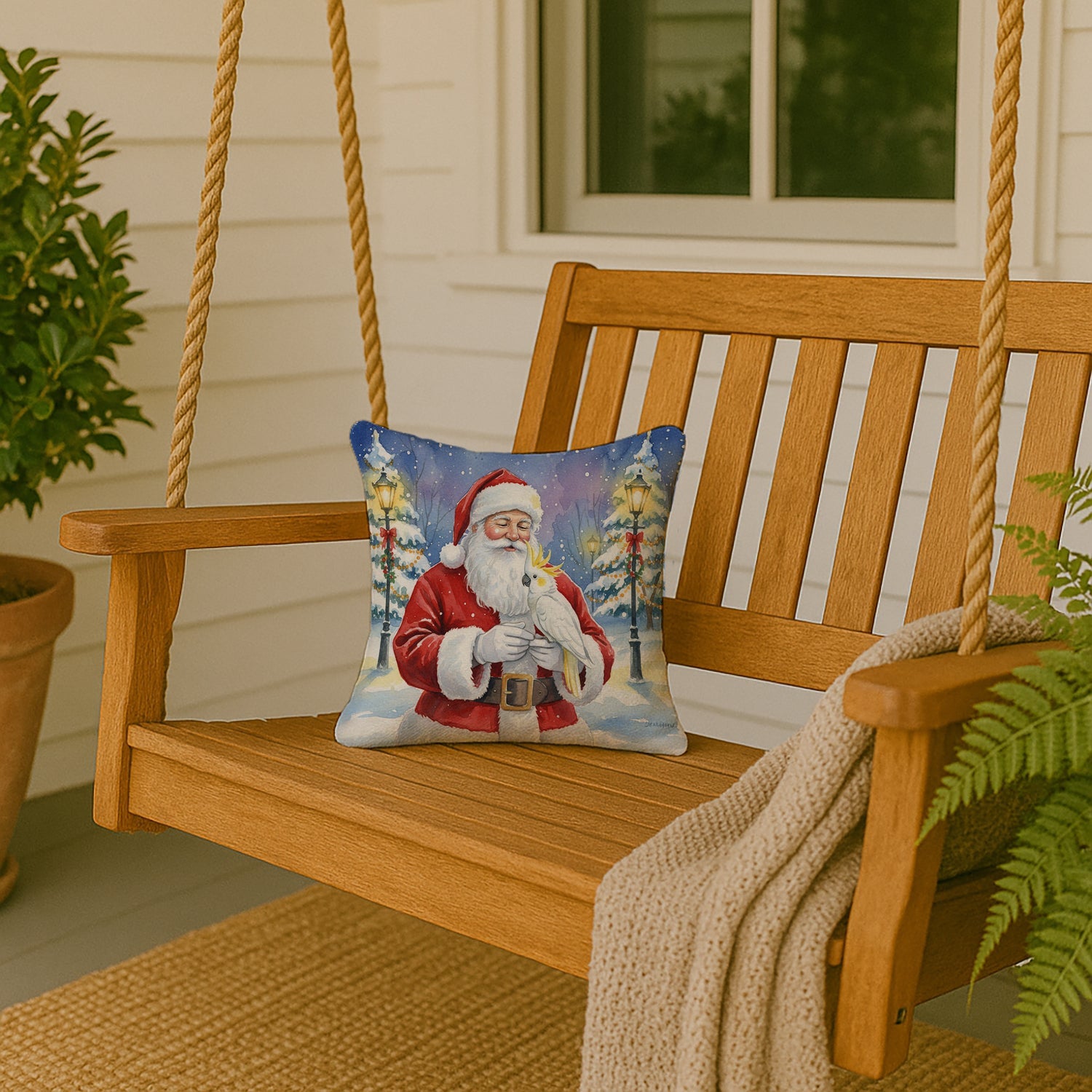 Sulphur Crested Cockatoo with Santa Claus Decorative Throw Pillow 14x14 Indoor Outdoor Accent Cushion, Fabric Cover with Insert for Sofa, Bed, Porch & Living Room