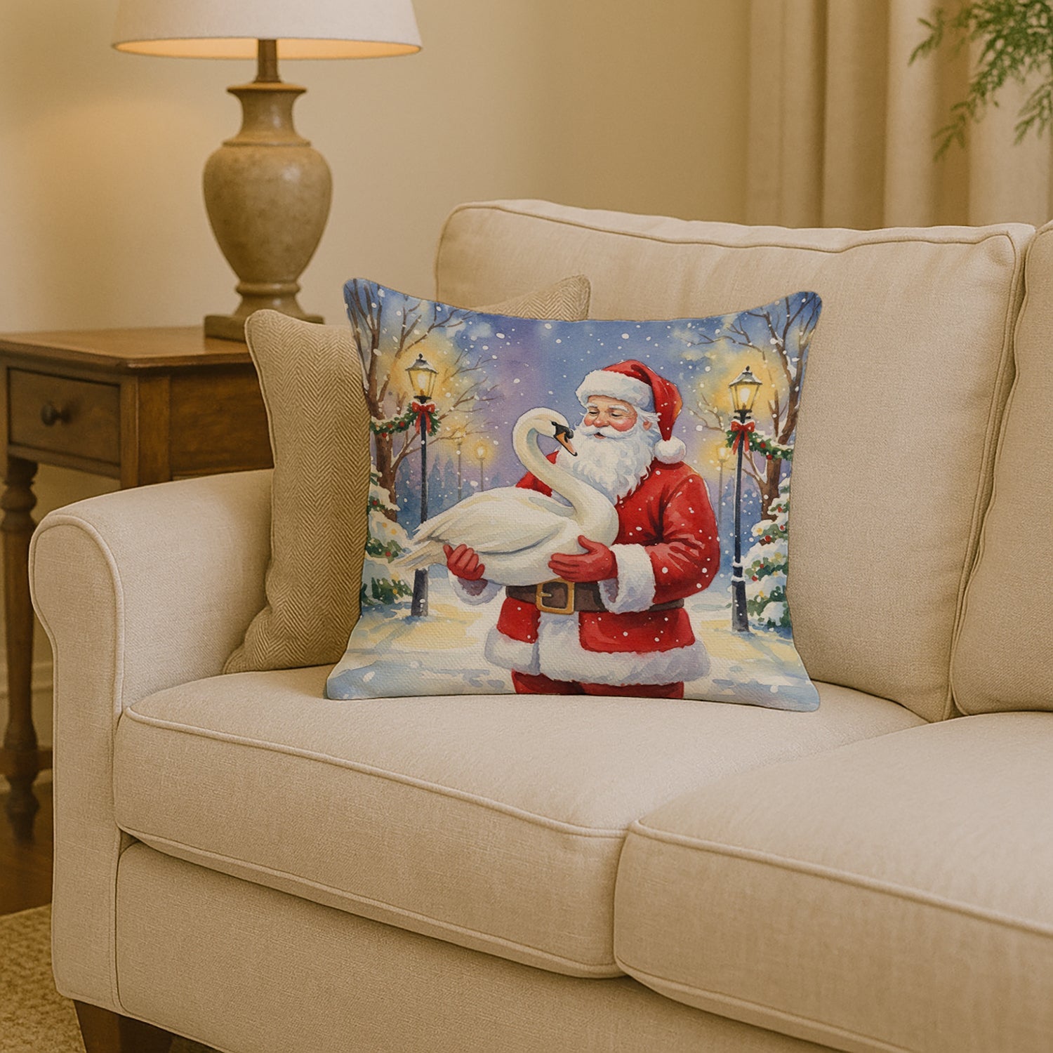 Swan with Santa Claus Decorative Throw Pillow 14x14 Indoor Outdoor Accent Cushion, Fabric Cover with Insert for Sofa, Bed, Porch & Living Room