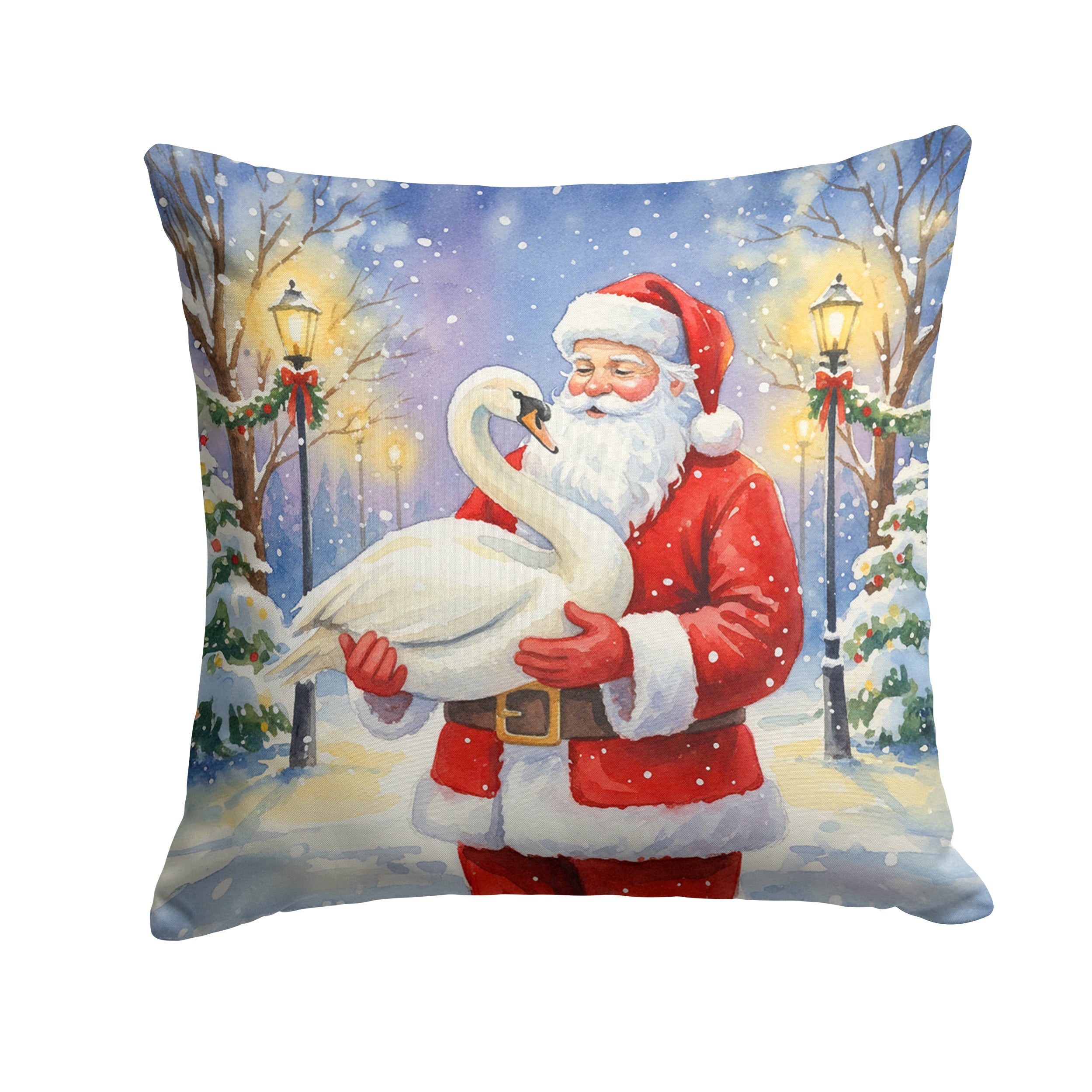 Swan with Santa Claus Decorative Throw Pillow 18x18 Indoor Outdoor Accent Cushion, Fabric Cover with Insert for Sofa, Bed, Porch & Living Room