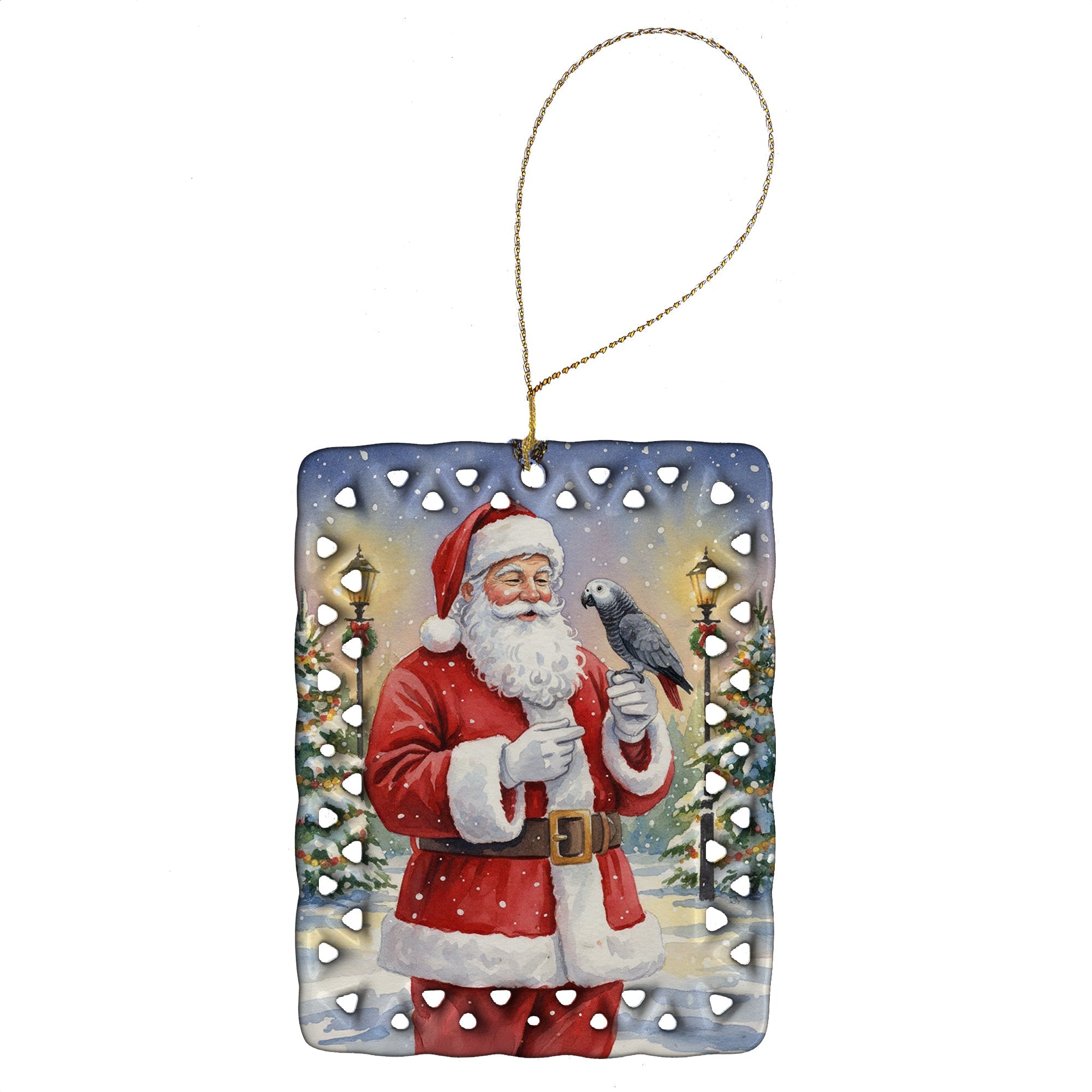 Timneh African Grey with Santa Claus Porcelain Ornament Christmas Tree Hanging Decorations for Home Christmas Holiday, Rectangle, Gift, Multicolor