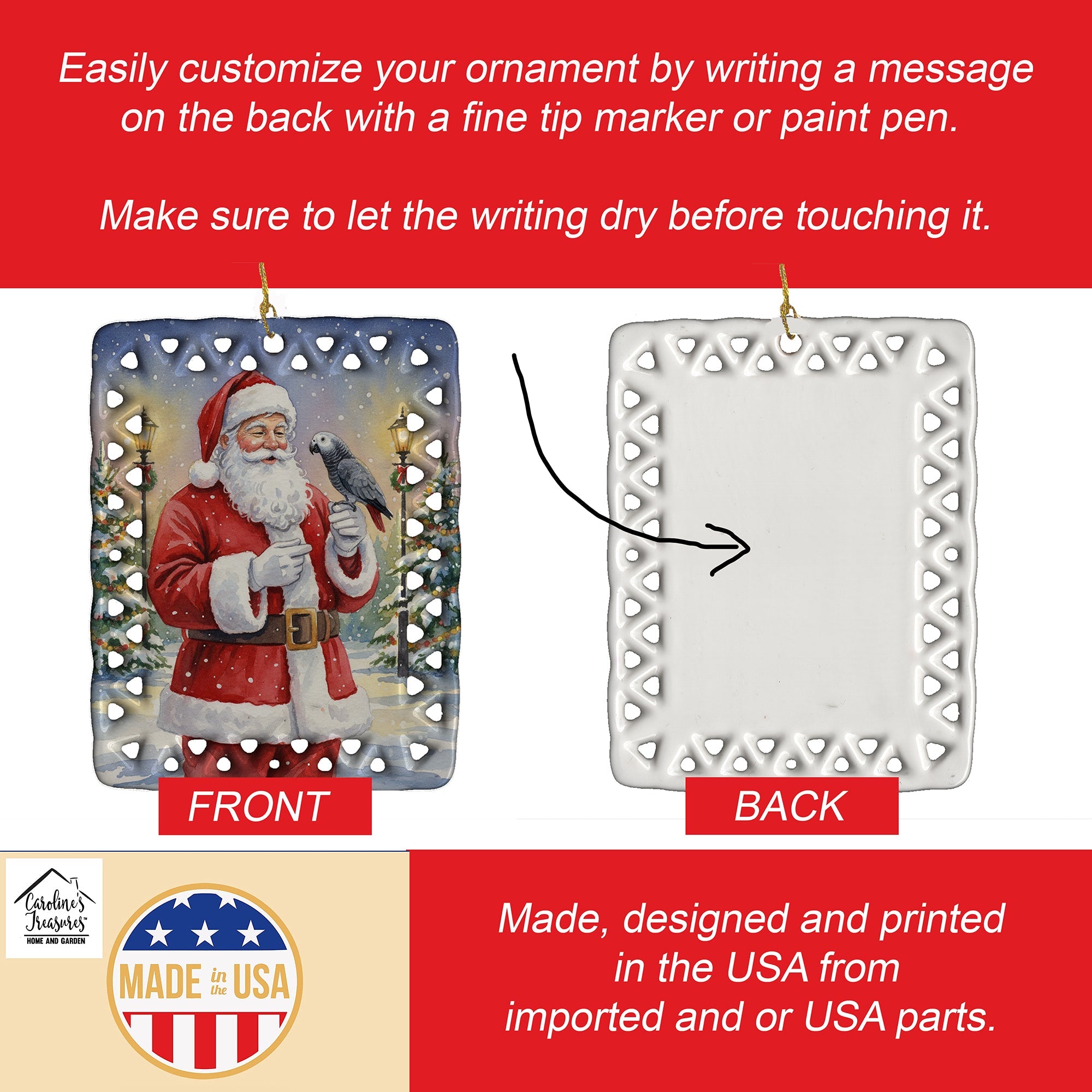 Timneh African Grey with Santa Claus Porcelain Ornament Christmas Tree Hanging Decorations for Home Christmas Holiday, Rectangle, Gift, Multicolor