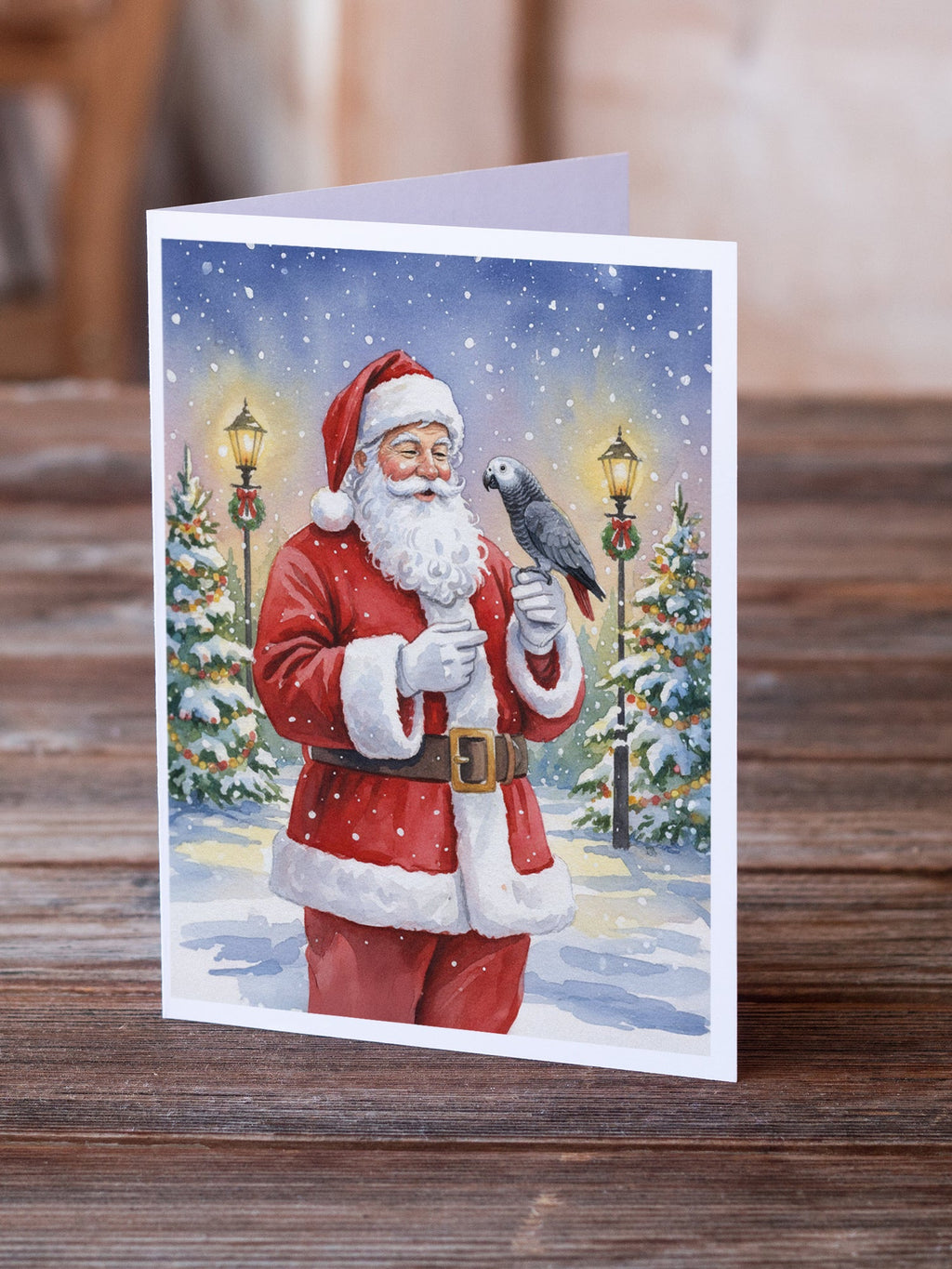 Timneh African Grey with Santa Claus Greeting Cards Pack of 8 Blank Cards with Envelopes Whimsical A7 Size 5x7
