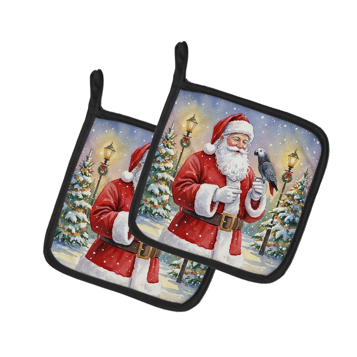 Timneh African Grey with Santa Claus Pot Holder Set of 2 Heat Resistant Quilted Hot Pads 7.5 x 7.5 Inch, Insulated Kitchen Trivets for Cooking & Baking