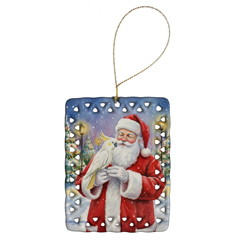 Umbrella Cockatoo with Santa Claus Porcelain Ornament Christmas Tree Hanging Decorations for Home Christmas Holiday, Rectangle, Gift, Multicolor