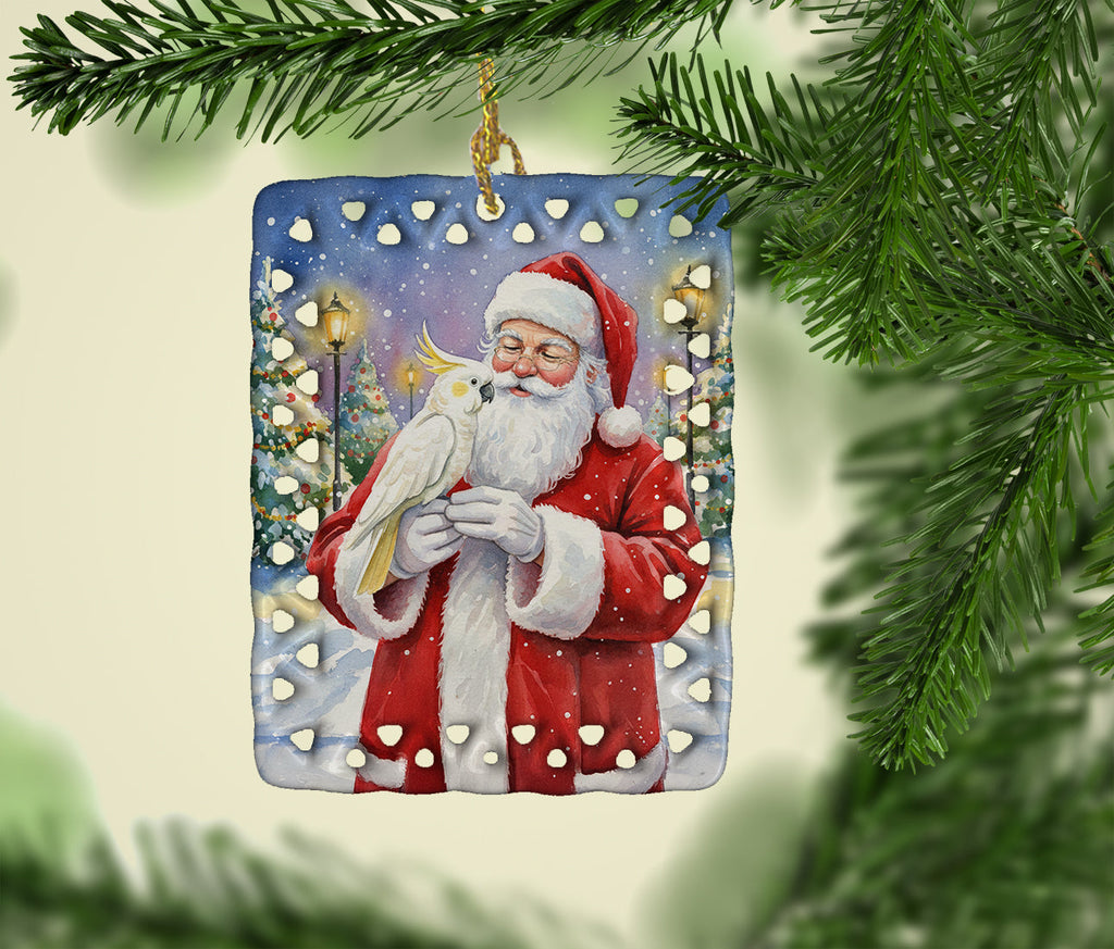 Umbrella Cockatoo with Santa Claus Porcelain Ornament Christmas Tree Hanging Decorations for Home Christmas Holiday, Rectangle, Gift, Multicolor