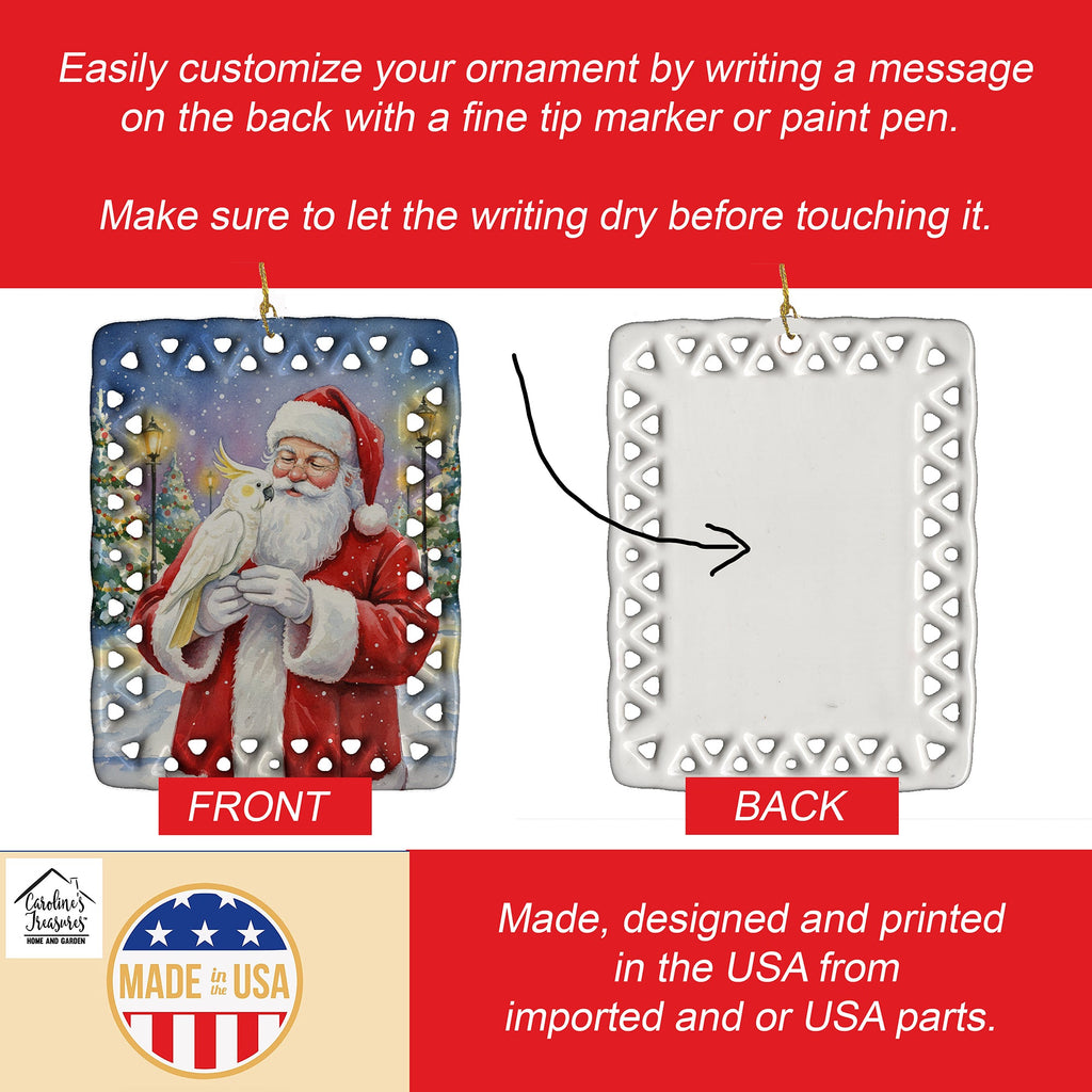 Umbrella Cockatoo with Santa Claus Porcelain Ornament Christmas Tree Hanging Decorations for Home Christmas Holiday, Rectangle, Gift, Multicolor