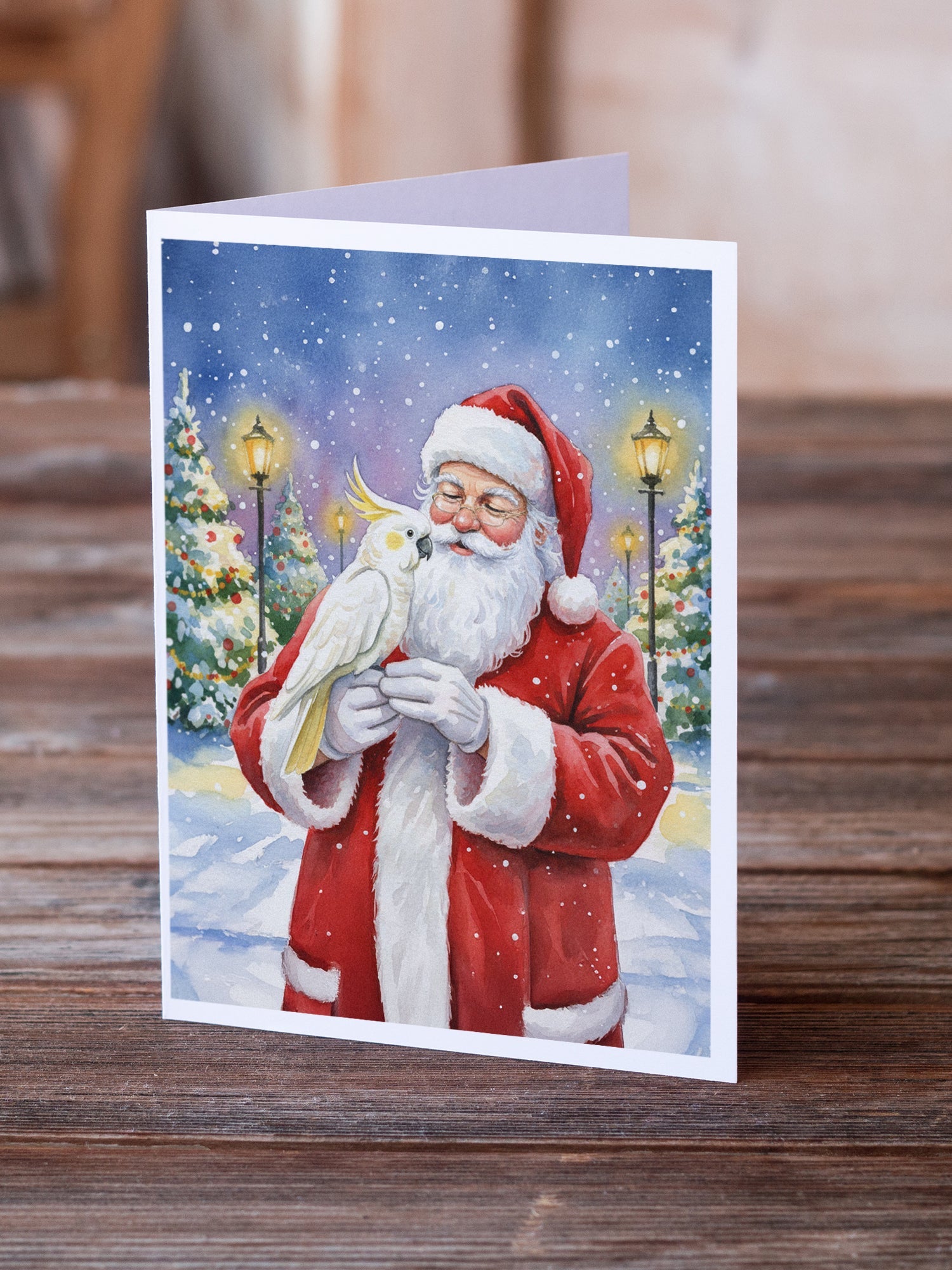 Umbrella Cockatoo with Santa Claus Greeting Cards Pack of 8 Blank Cards with Envelopes Whimsical A7 Size 5x7
