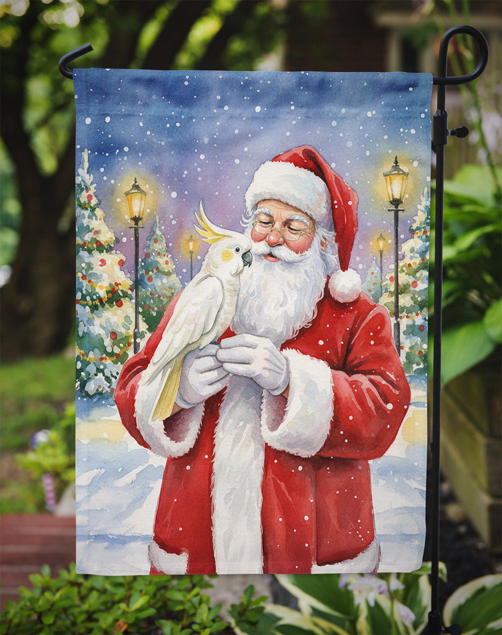 Umbrella Cockatoo with Santa Claus Garden Flag Mailbox Decorative Yard Banner Outside Patio Artwork for Flower Beds, Garden Size, Multicolor