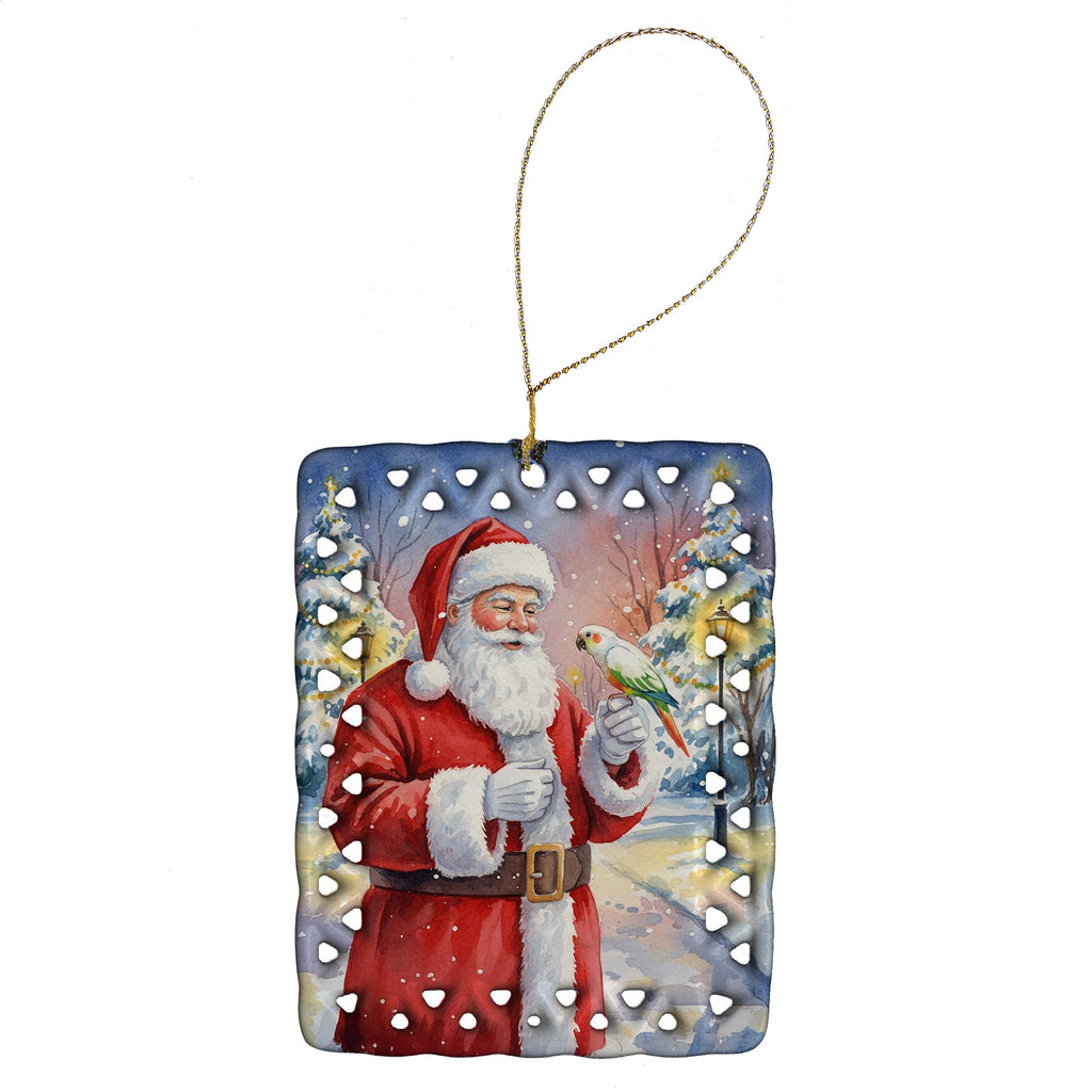 White Bellied Caique with Santa Claus Porcelain Ornament Christmas Tree Hanging Decorations for Home Christmas Holiday, Rectangle, Gift, Multicolor