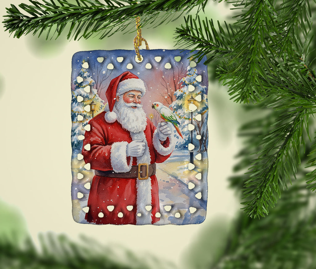 White Bellied Caique with Santa Claus Porcelain Ornament Christmas Tree Hanging Decorations for Home Christmas Holiday, Rectangle, Gift, Multicolor