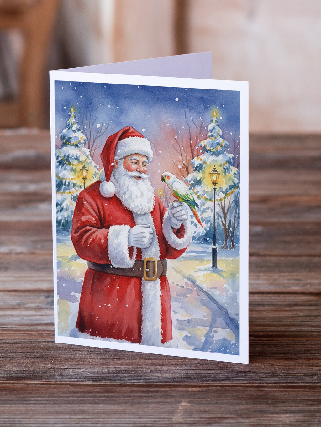 White Bellied Caique with Santa Claus Greeting Cards Pack of 8 Blank Cards with Envelopes Whimsical A7 Size 5x7