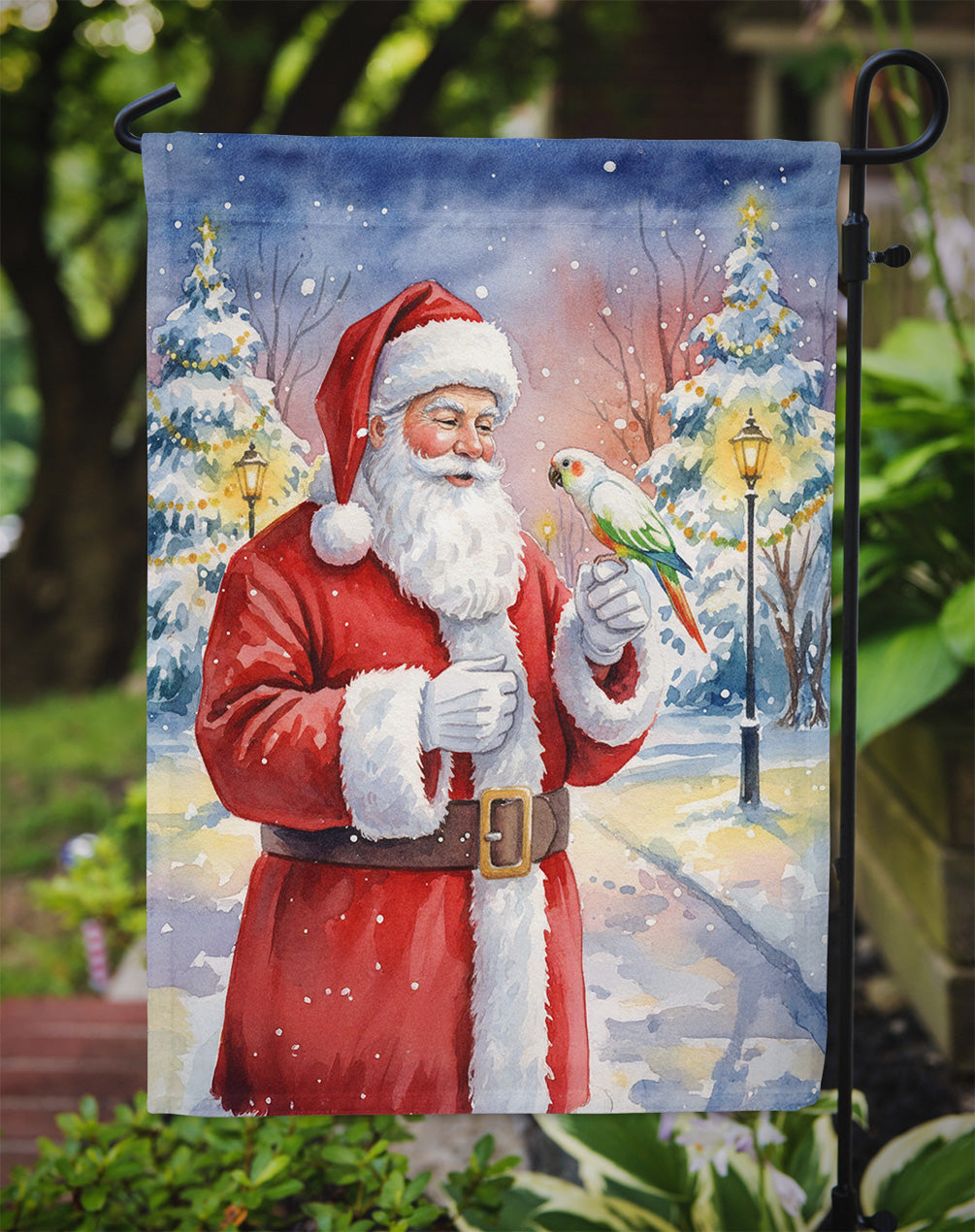 White Bellied Caique with Santa Claus Garden Flag Mailbox Decorative Yard Banner Outside Patio Artwork for Flower Beds, Garden Size, Multicolor