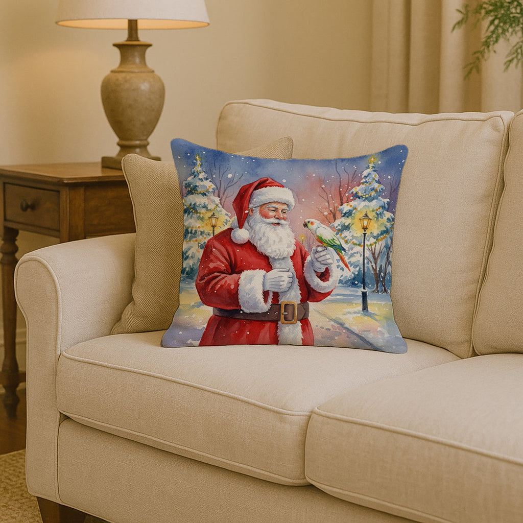 White Bellied Caique with Santa Claus Decorative Throw Pillow 14x14 Indoor Outdoor Accent Cushion, Fabric Cover with Insert for Sofa, Bed, Porch & Living Room