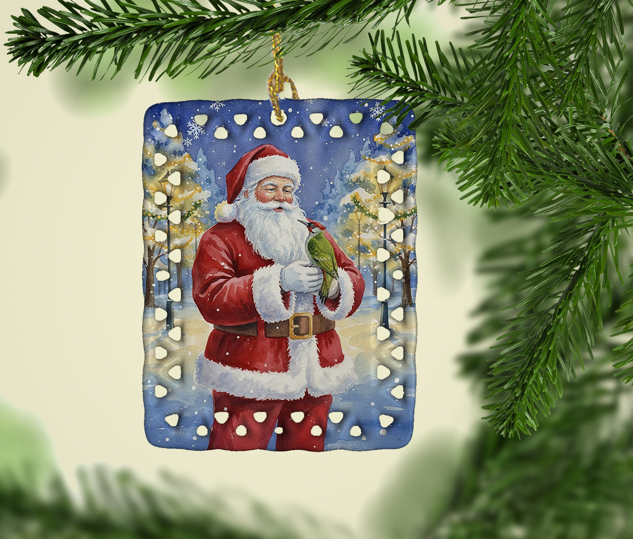 Woodpecker with Santa Claus Porcelain Ornament Christmas Tree Hanging Decorations for Home Christmas Holiday, Rectangle, Gift, Multicolor