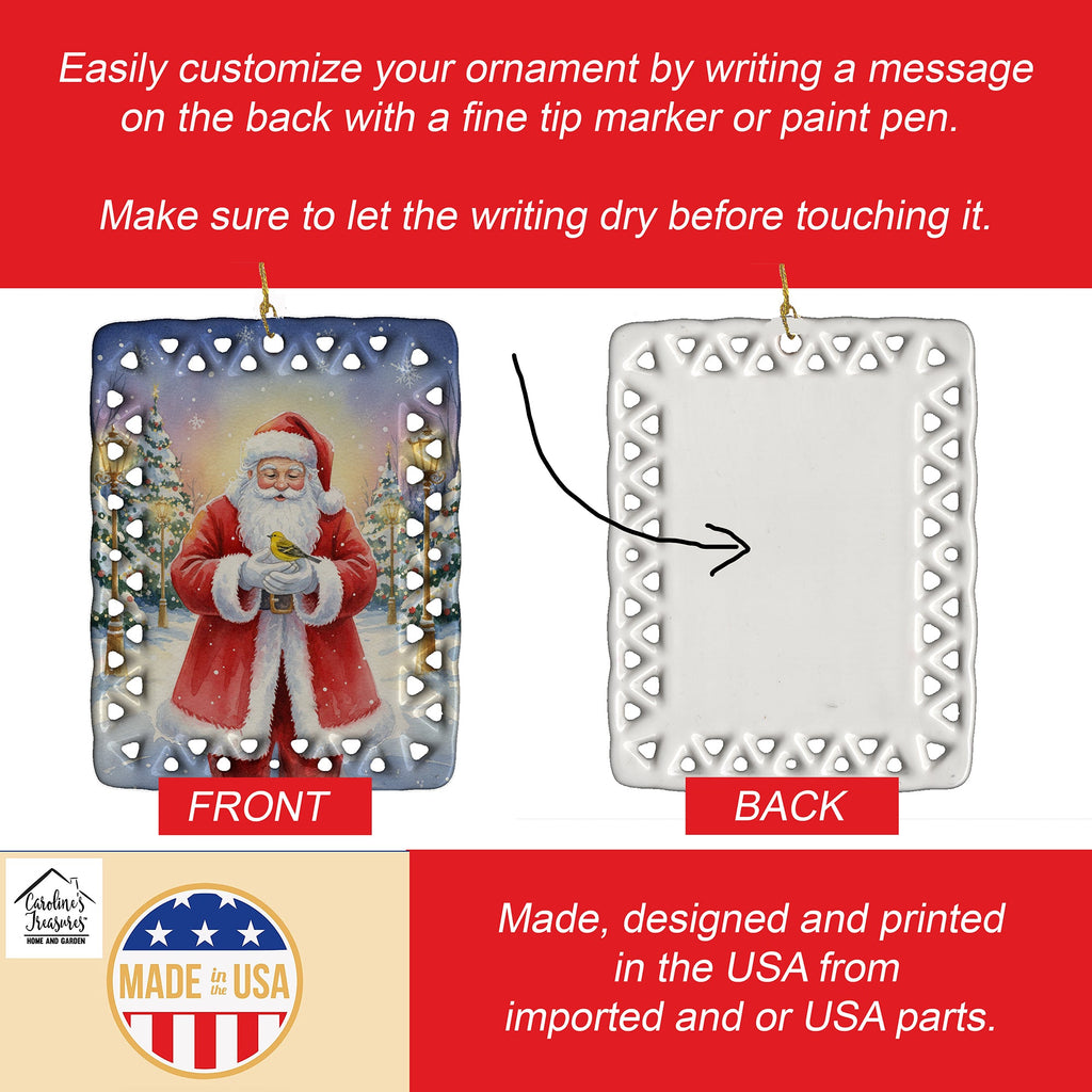 Yellowhammer with Santa Claus Porcelain Ornament Christmas Tree Hanging Decorations for Home Christmas Holiday, Rectangle, Gift, Multicolor
