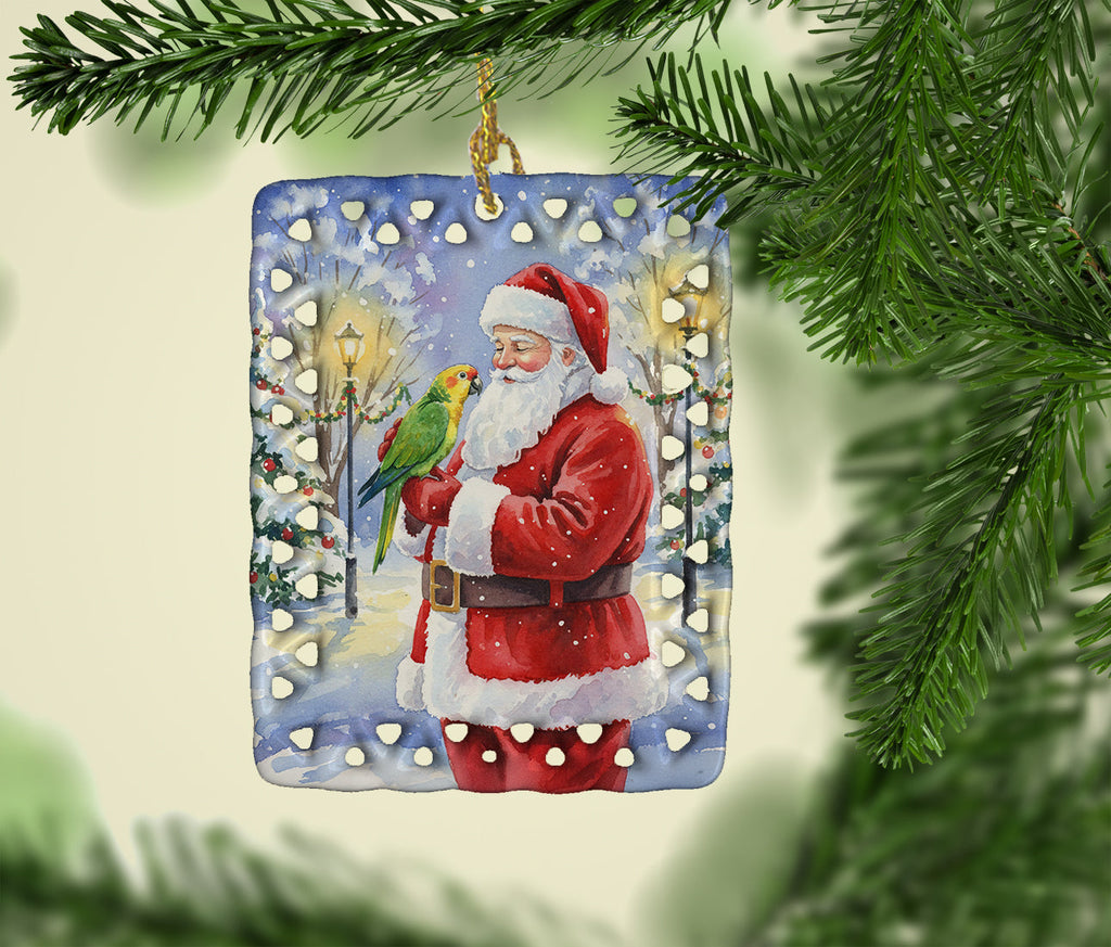 Yellow Naped Amazon with Santa Claus Porcelain Ornament Christmas Tree Hanging Decorations for Home Christmas Holiday, Rectangle, Gift, Multicolor