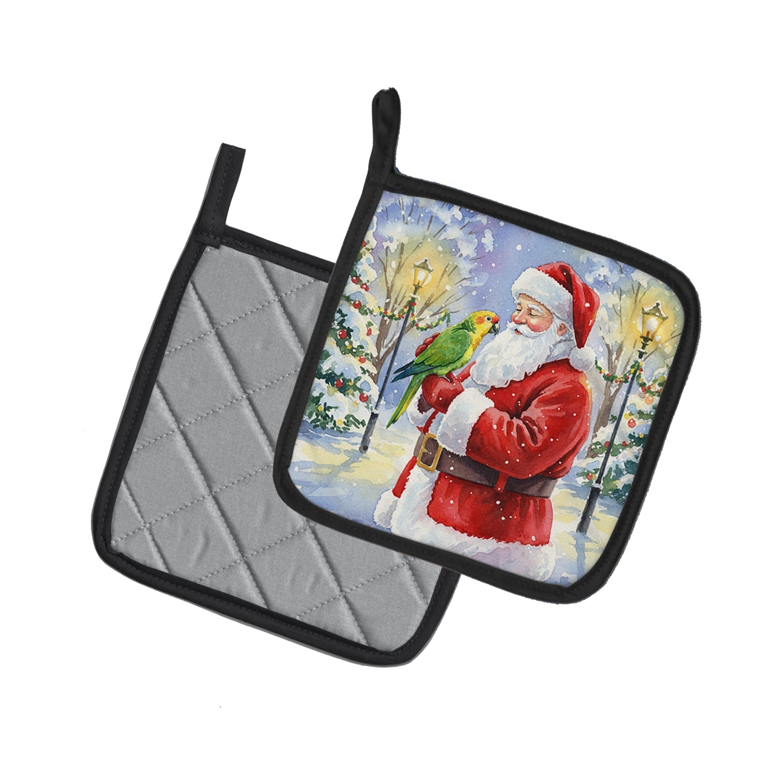 Yellow Naped Amazon with Santa Claus Pot Holder Set of 2 Heat Resistant Quilted Hot Pads 7.5 x 7.5 Inch, Insulated Kitchen Trivets for Cooking & Baking