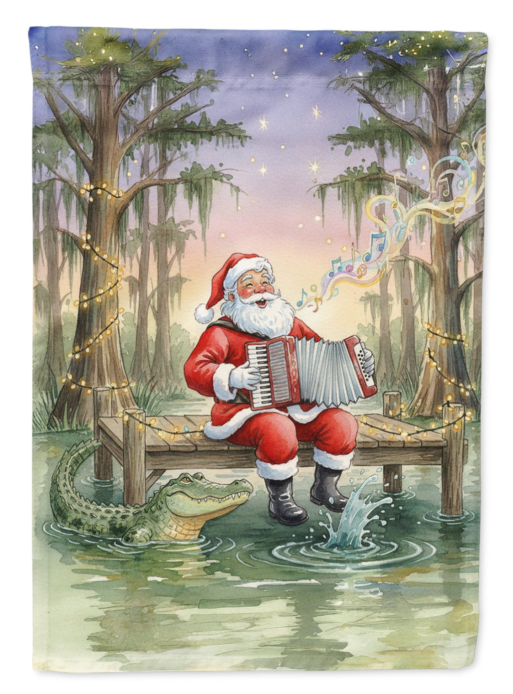 Cajun Santa Claus and the Accordion Gator Christmas House Flag 28x40 Porch Sleeve Pole Decorative Outside Yard Banner Artwork Wall Hanging, Polyester