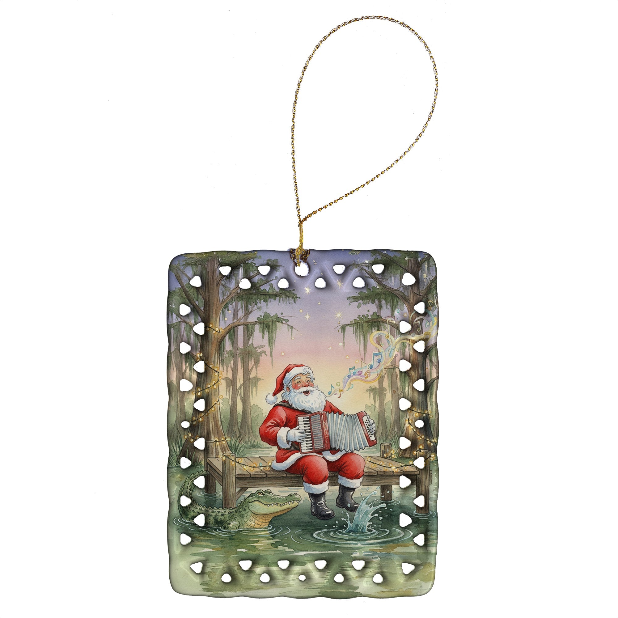 Cajun Santa Claus and the Accordion Gator Christmas Porcelain Ornament Christmas Tree Hanging Decorations for Home Christmas Holiday, Rectangle, Gift, Multicolor
