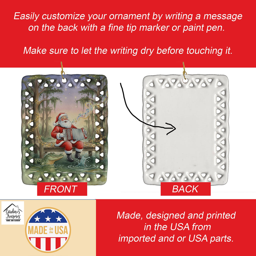 Cajun Santa Claus and the Accordion Gator Christmas Porcelain Ornament Christmas Tree Hanging Decorations for Home Christmas Holiday, Rectangle, Gift, Multicolor