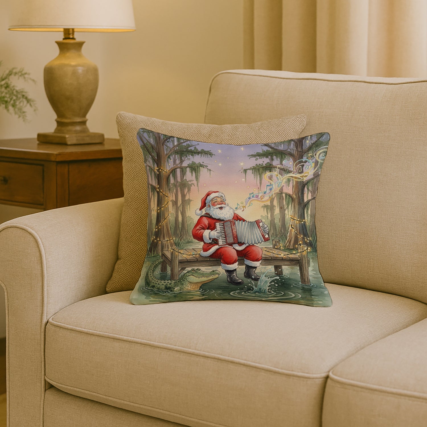 Cajun Santa Claus and the Accordion Gator Christmas Decorative Throw Pillow 18x18 Indoor Outdoor Accent Cushion, Fabric Cover with Insert for Sofa, Bed, Porch & Living Room