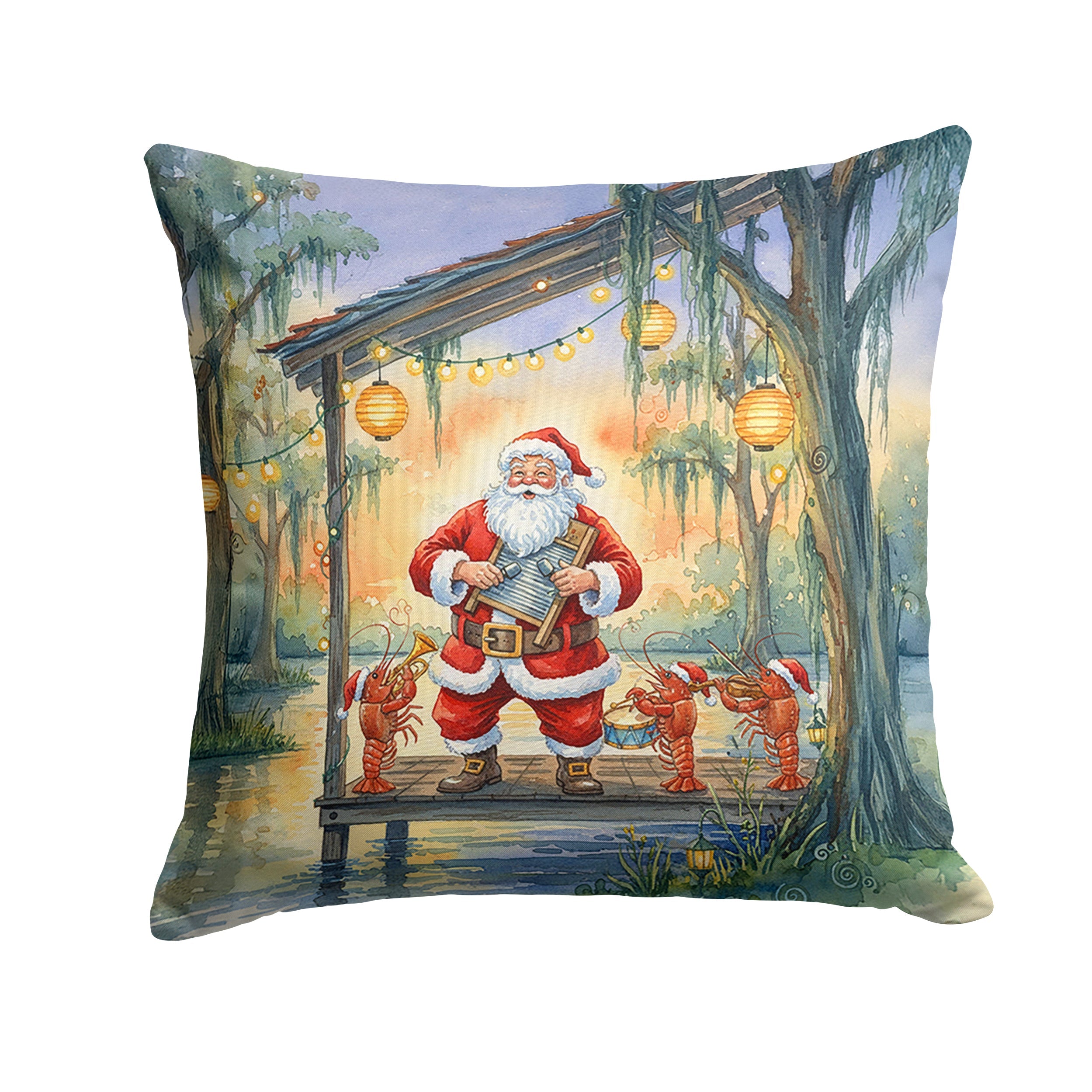 Cajun Santa Claus and the Crawfish Band Christmas Decorative Throw Pillow 18x18 Indoor Outdoor Accent Cushion, Fabric Cover with Insert for Sofa, Bed, Porch & Living Room