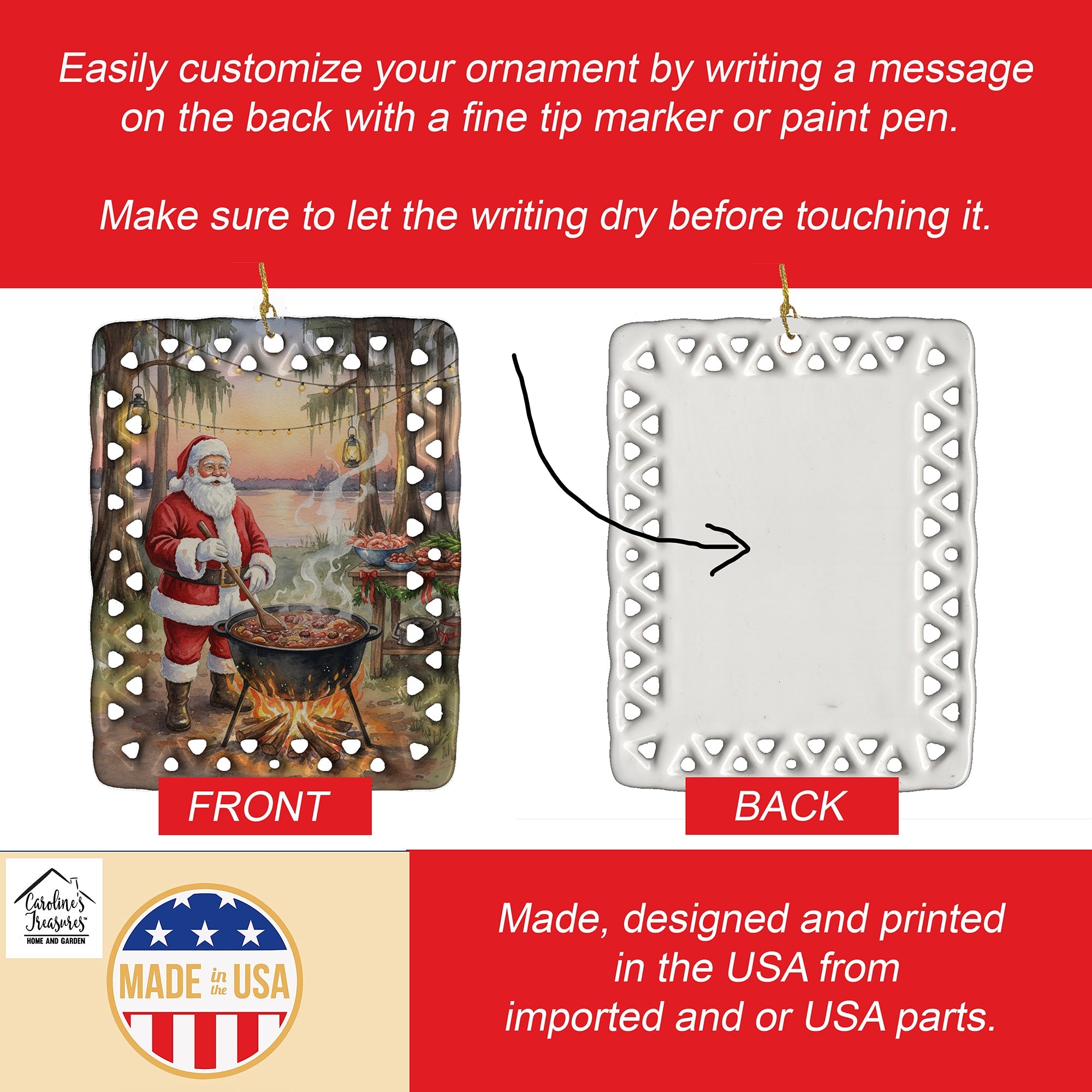 Cajun Santa Claus Cooking Gumbo Christmas Porcelain Ornament Christmas Tree Hanging Decorations for Home Christmas Holiday, Rectangle, Gift, Multicolor