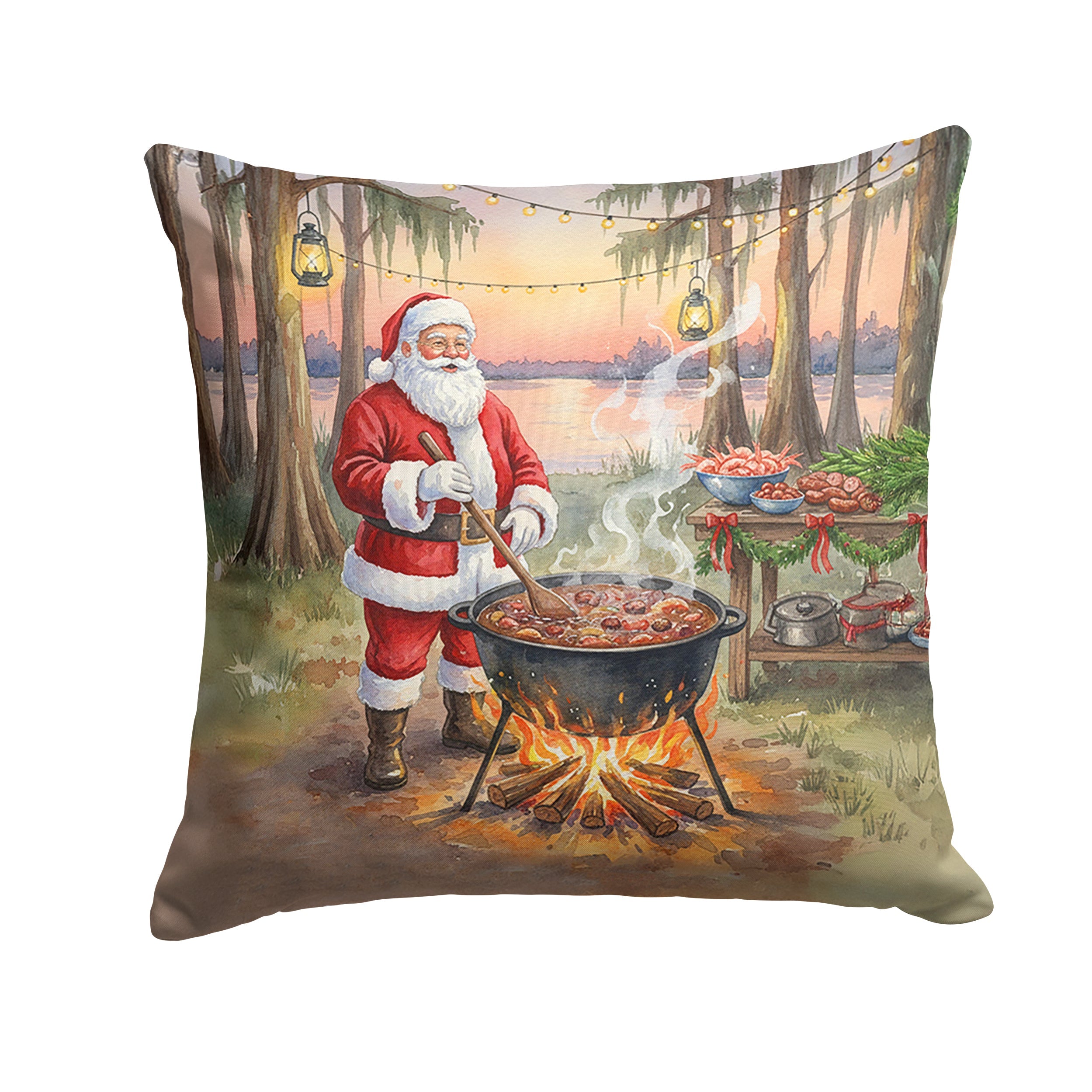Cajun Santa Claus Cooking Gumbo Christmas Decorative Throw Pillow 18x18 Indoor Outdoor Accent Cushion, Fabric Cover with Insert for Sofa, Bed, Porch & Living Room