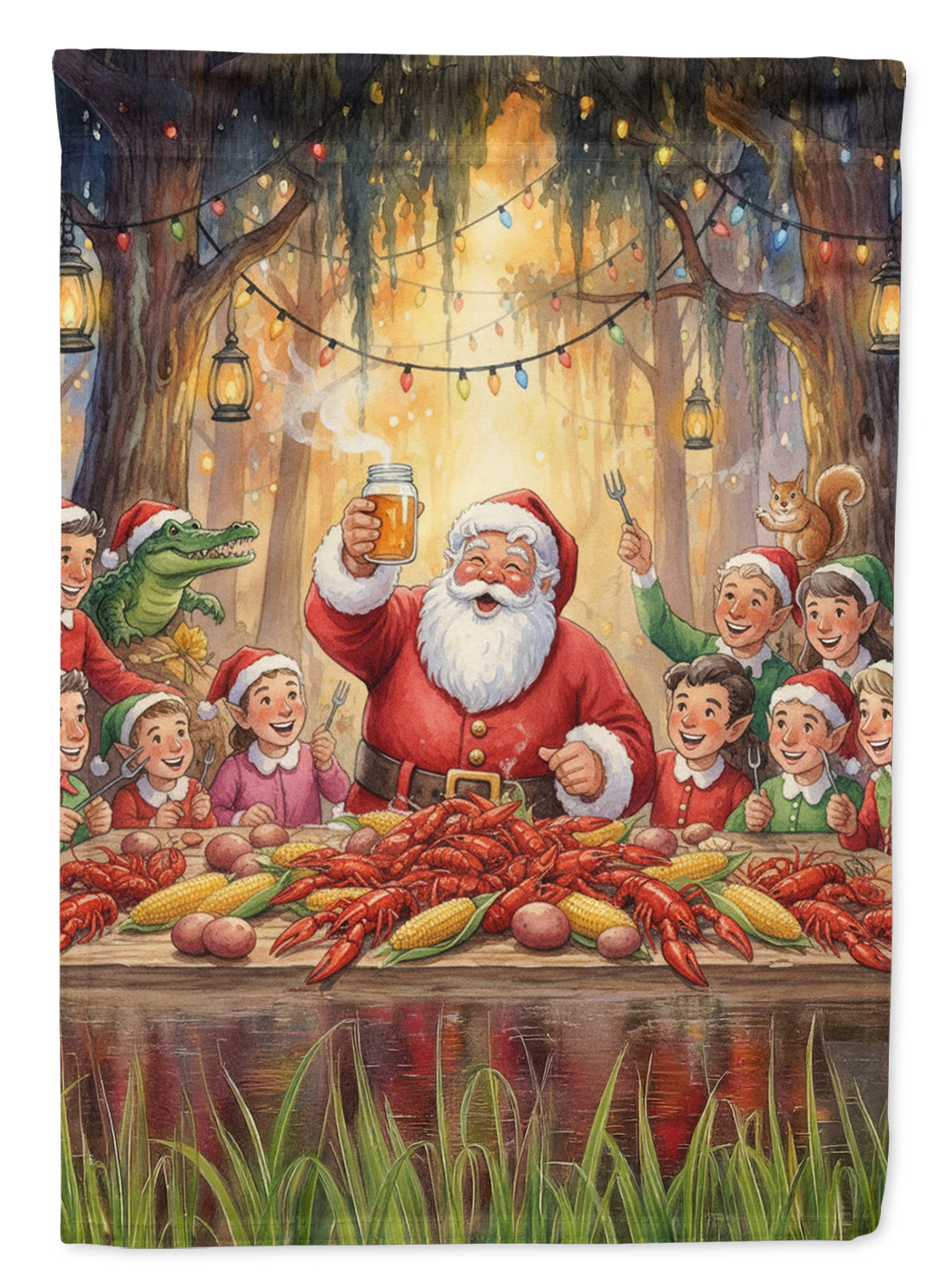 Cajun Santa Claus Crawfish Boil Christmas House Flag 28x40 Porch Sleeve Pole Decorative Outside Yard Banner Artwork Wall Hanging, Polyester