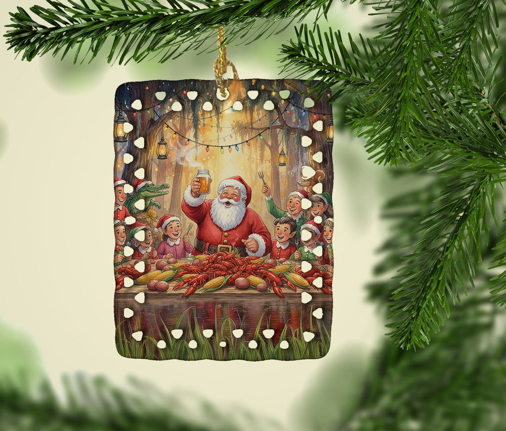 Cajun Santa Claus Crawfish Boil Christmas Porcelain Ornament Christmas Tree Hanging Decorations for Home Christmas Holiday, Rectangle, Gift, Multicolor