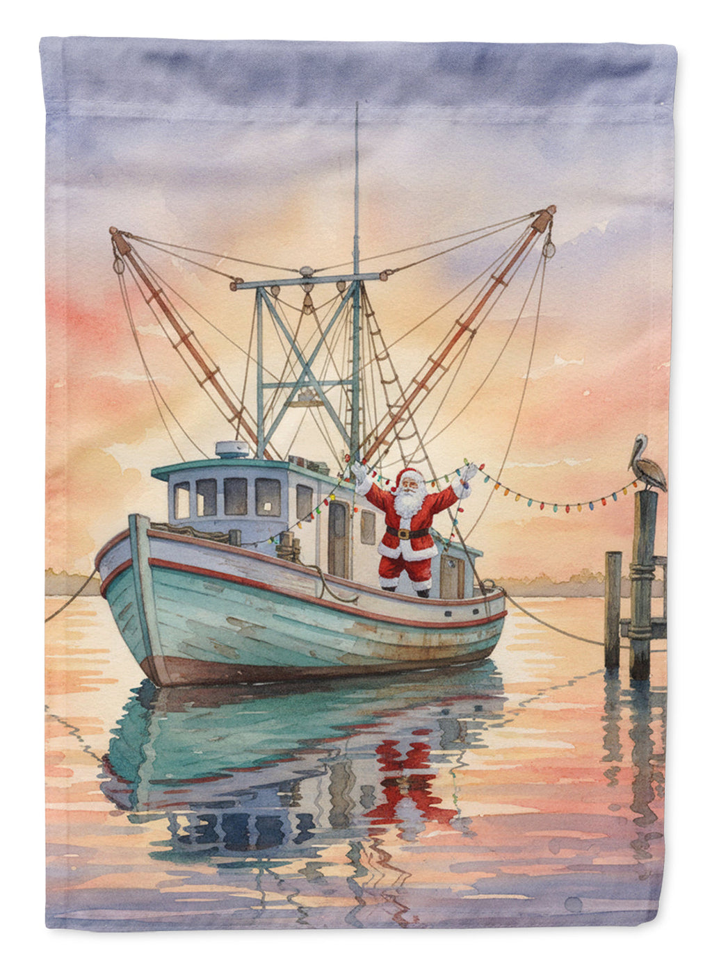 Cajun Santa Claus Decorating a Shrimp Boat Christmas House Flag 28x40 Porch Sleeve Pole Decorative Outside Yard Banner Artwork Wall Hanging, Polyester