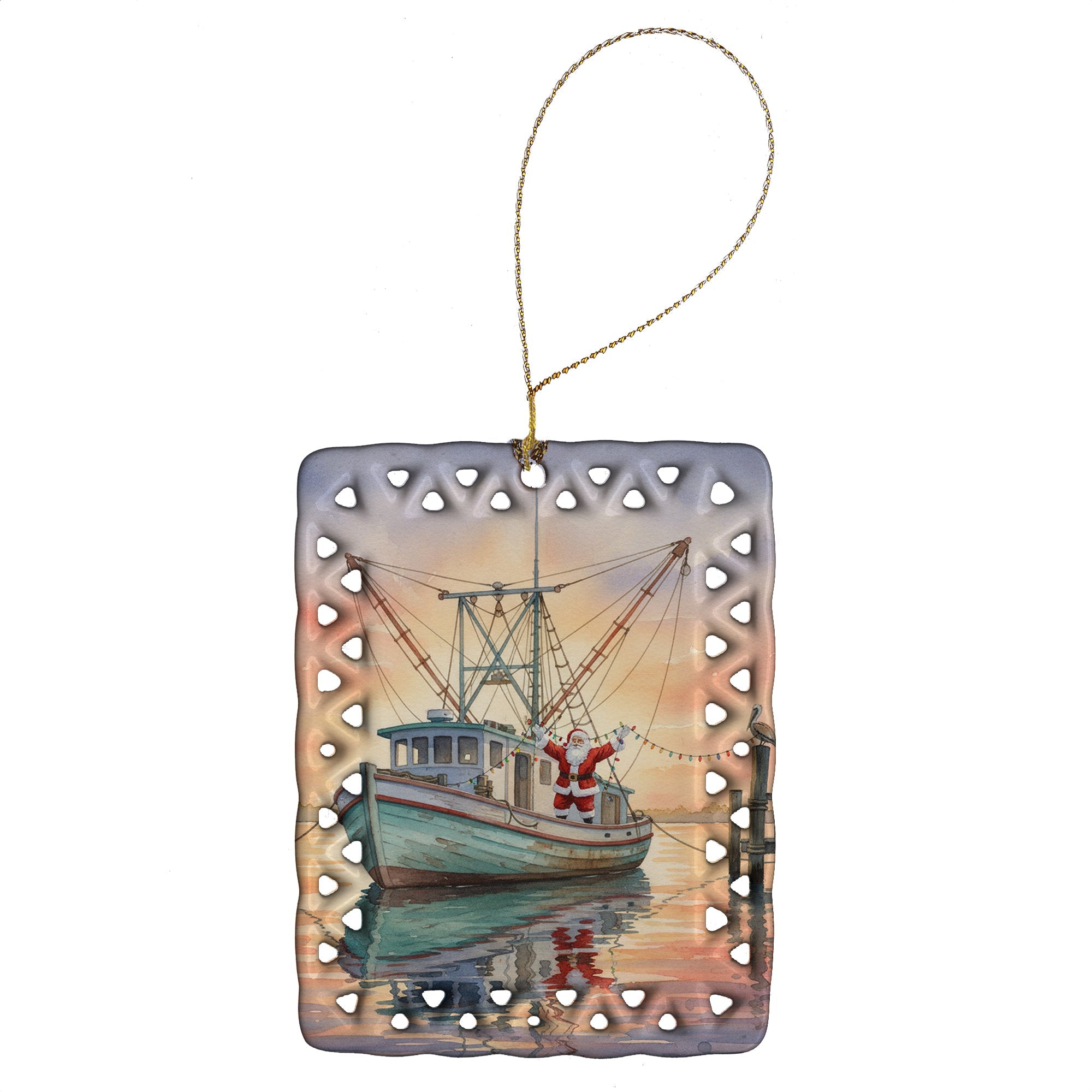 Cajun Santa Claus Decorating a Shrimp Boat Christmas Porcelain Ornament Christmas Tree Hanging Decorations for Home Christmas Holiday, Rectangle, Gift, Multicolor