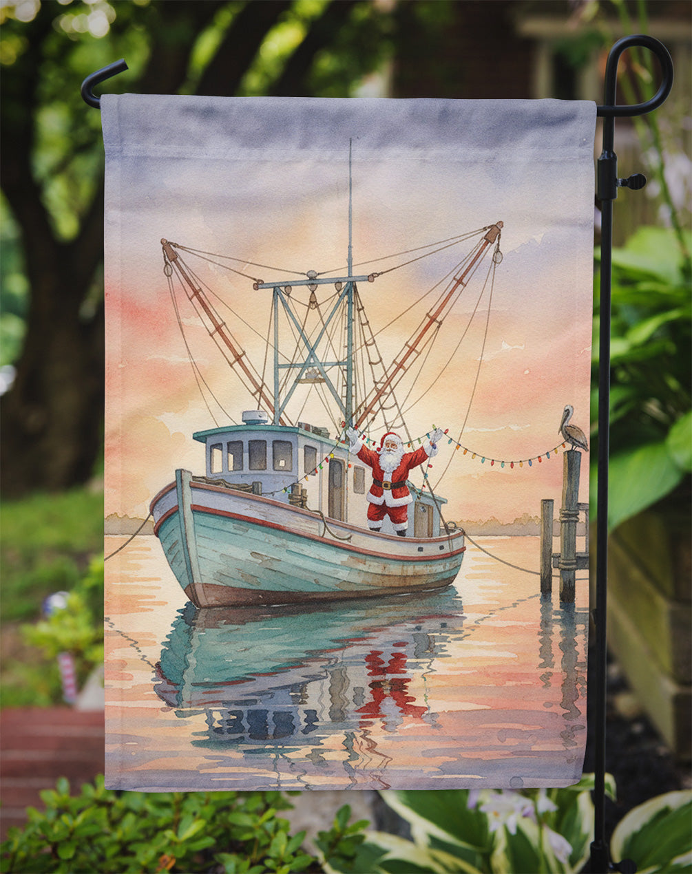 Cajun Santa Claus Decorating a Shrimp Boat Christmas Garden Flag Mailbox Decorative Yard Banner Outside Patio Artwork for Flower Beds, Garden Size, Multicolor