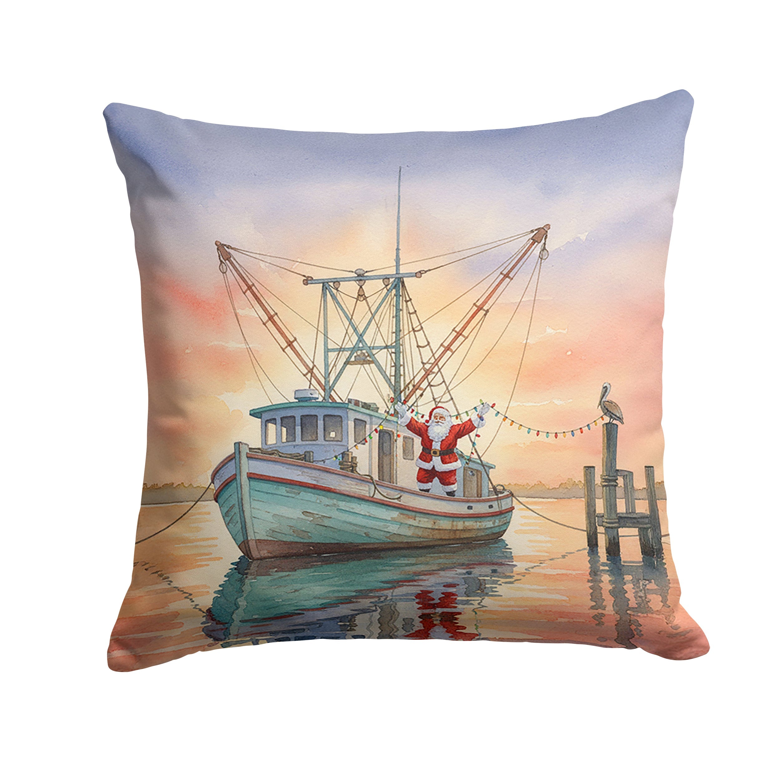 Cajun Santa Claus Decorating a Shrimp Boat Christmas Decorative Throw Pillow 14x14 Indoor Outdoor Accent Cushion, Fabric Cover with Insert for Sofa, Bed, Porch & Living Room