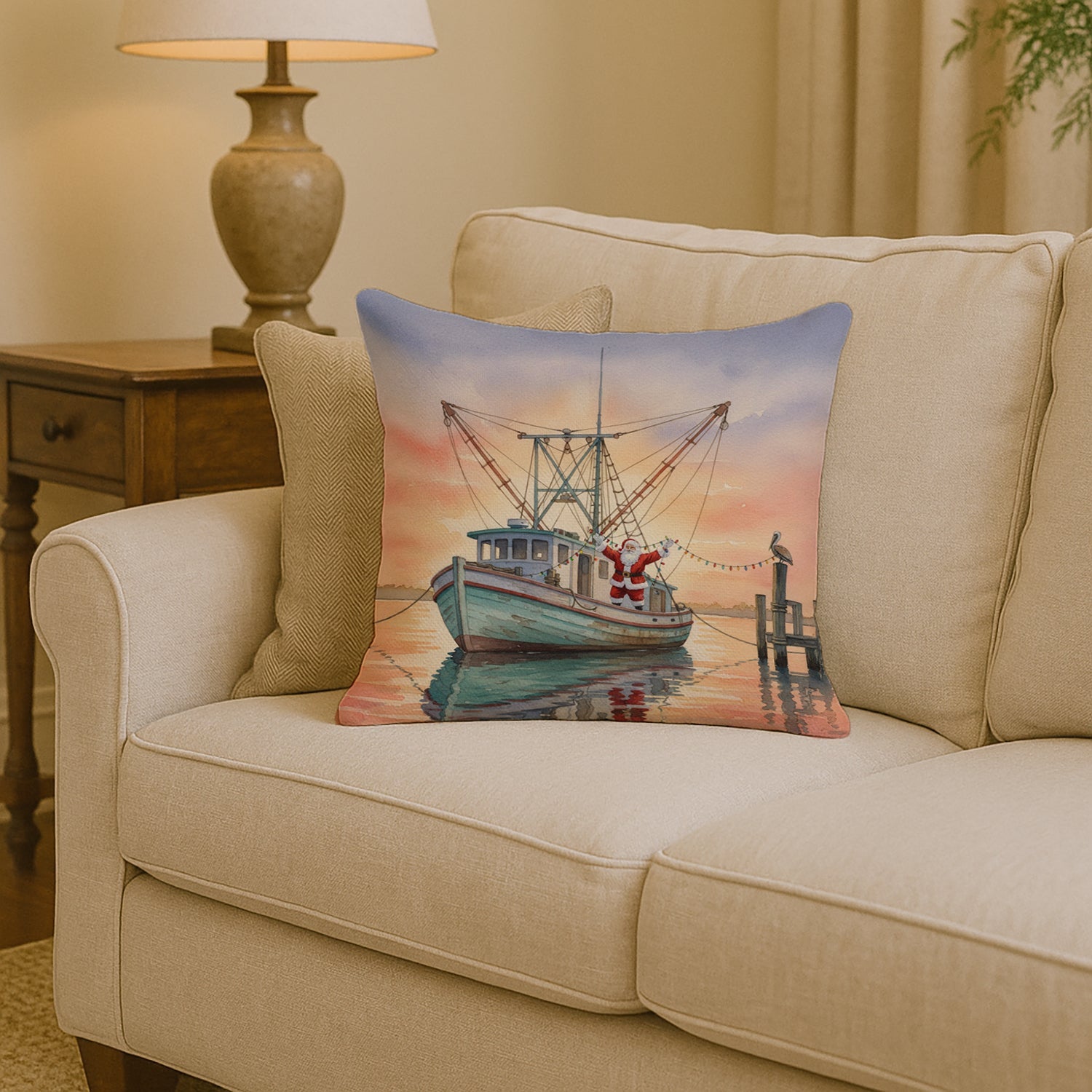 Cajun Santa Claus Decorating a Shrimp Boat Christmas Decorative Throw Pillow 14x14 Indoor Outdoor Accent Cushion, Fabric Cover with Insert for Sofa, Bed, Porch & Living Room